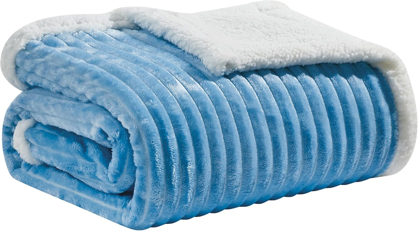 Elegant Comfort Corduroy Sherpa Reversible Throw Blanket, Medium Weight and Super Plush - Soft, Fuzzy and Plush Flannel Blanket - Micro-Suede - Corduroy Striped Pattern, 50 x 60 Inch Throw, Light Blue