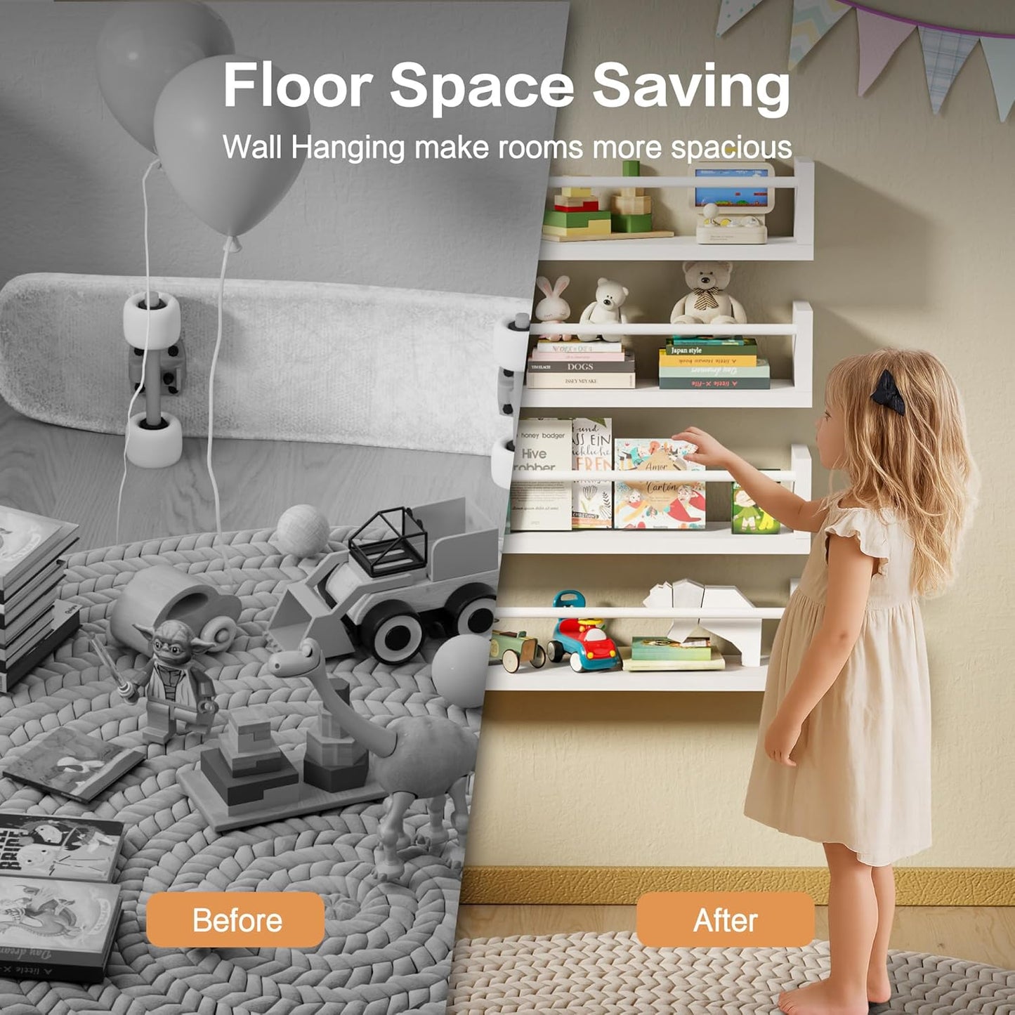 Kids Floating Wall Book Shelves — Set of 4, 16.5 in, White, Nursery & Toy Storage