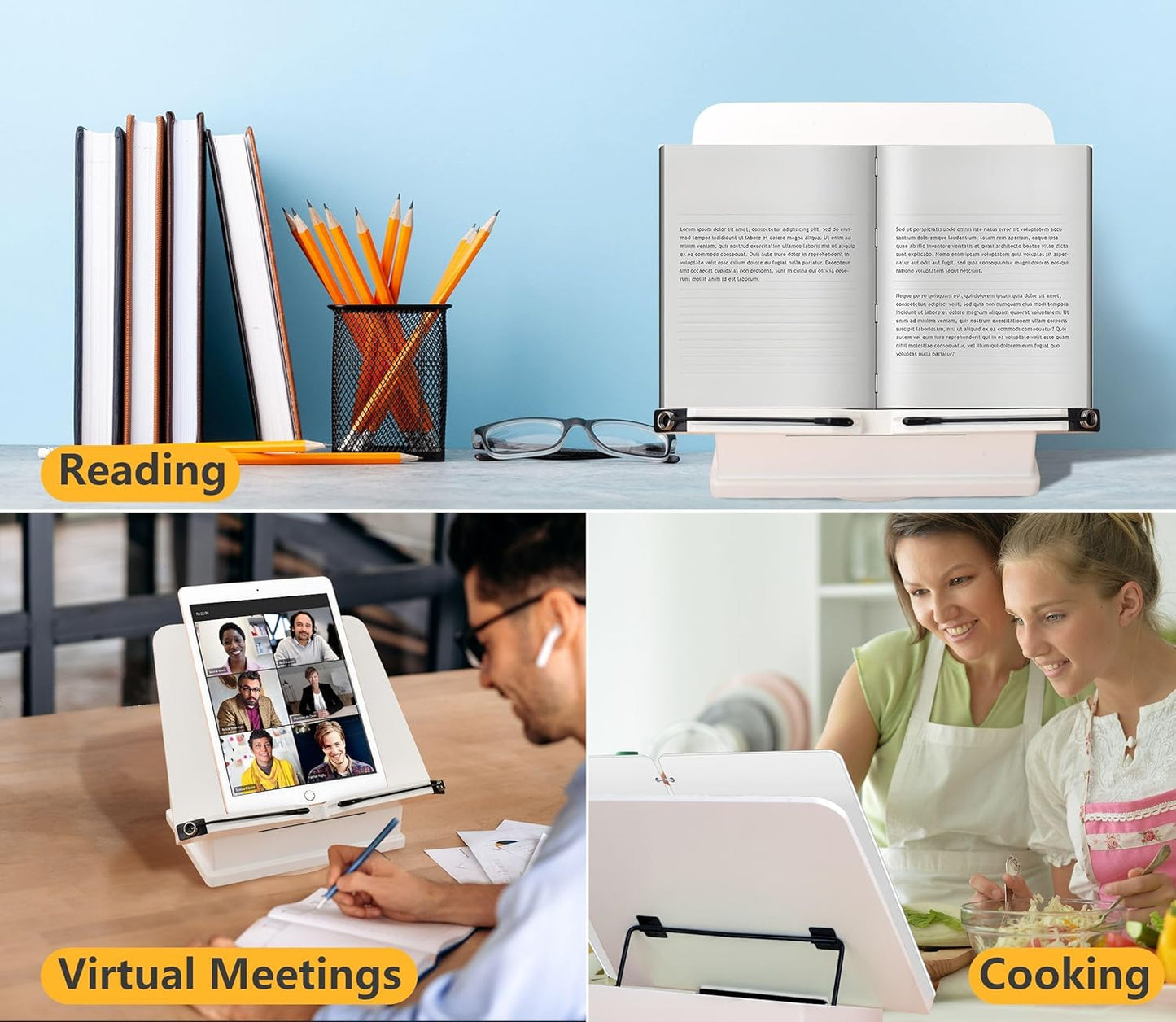 Large Wooden Book Stand with Carousel Base –Adjustable Book Holder with Storage Box and Magnetic Stand – 360° Rotate Wooden Book Organizer for Cookbook, Reading Book, Magazine, Laptop (White)