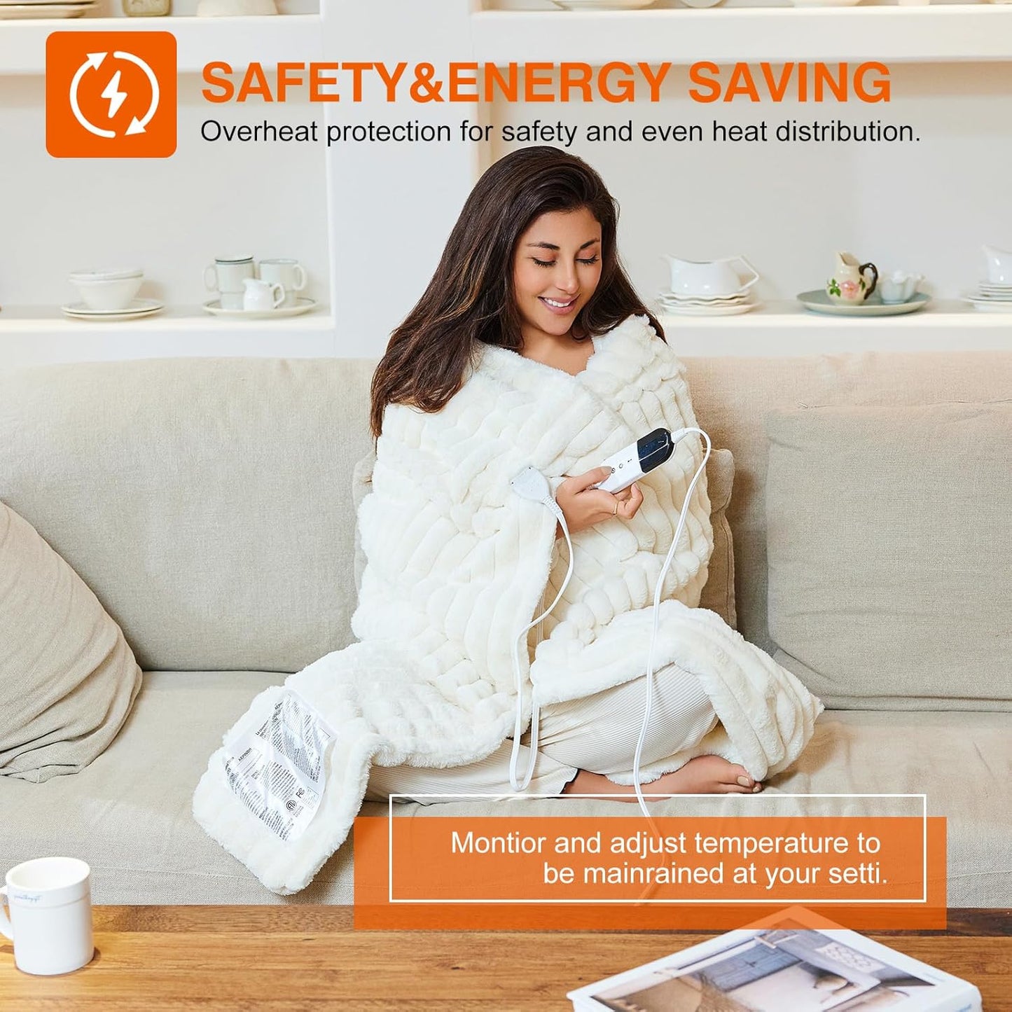 Heated Electric Blanket Throw: 6-Level Fast Heating, 4-Hour Auto-Off, Soft&Warm Stripe Faux Rabbit Fur, for Couch Home Office, with Overheating Protection & ETL Certified(50 x 60,Milky White)