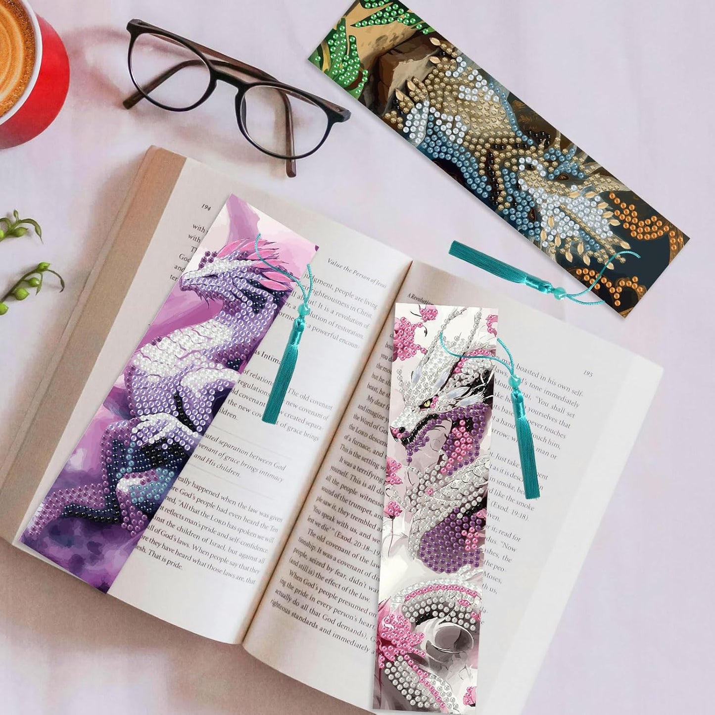 beinkmake 8Pcs Dragon Diamond Art Bookmarks Books Diamond DIY Painting Bookmarks Anime Dragons Rhinestones Beaded Acrylic Tassel Bookmark for Adult Beginner Crafts
