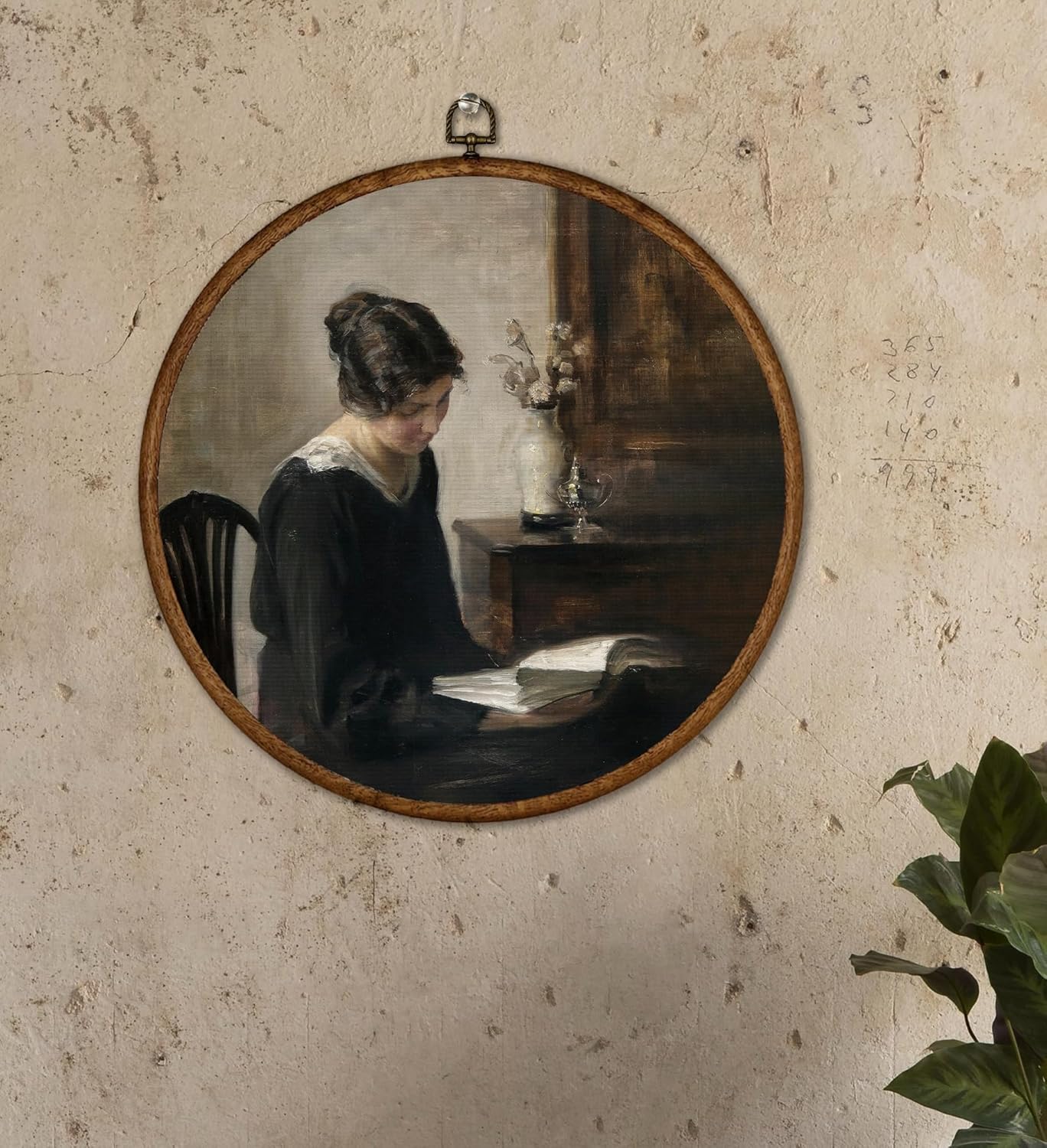Vintage Moody Woman Reading Book Round Wall Art Framed, French Country Wall Decor, Master Paintings Farmhouse Antique Hanging Canvas Prints(10X10inches) -A18