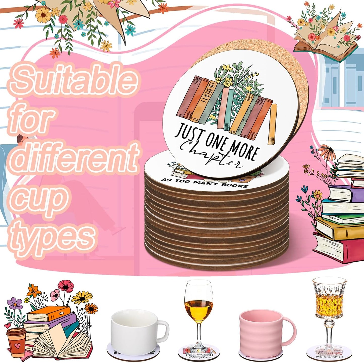 Hushee 8 Pcs Book Lovers Coaster Gifts Wooden Coffee Mug Coaster Favor for Librarian Bookish Merch Bookish Group Library Supplies Decoration Reading Club Favor Book Lovers Gifts(Read)