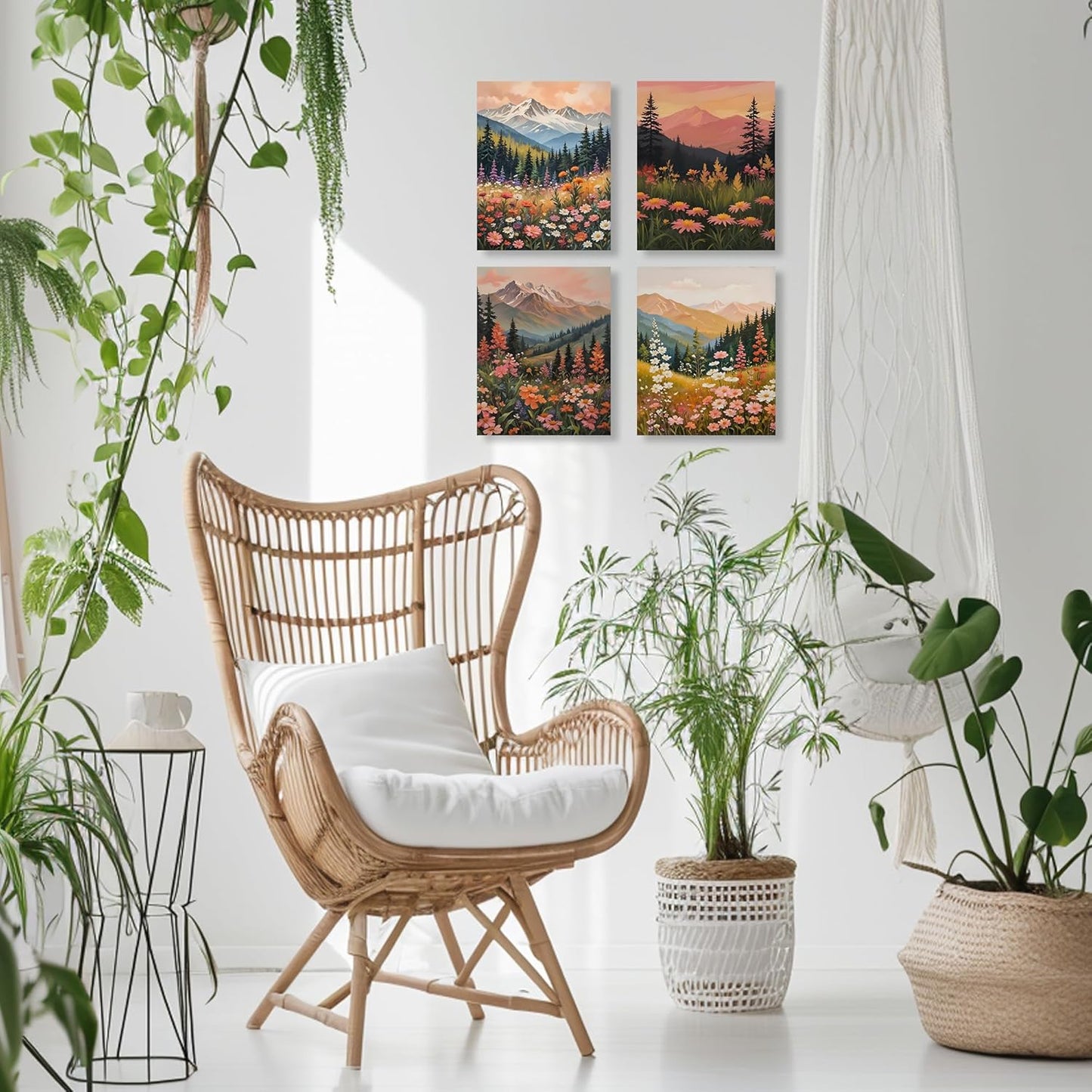 LUKIPOM Boho Maximalist Mountain Floral Wall Art Posters Set of 4, Colorful Wildflower Field Mountain Landscape Canvas Prints Artwork Wall Decor for Bedroom Home Office, 8x10 Unframed