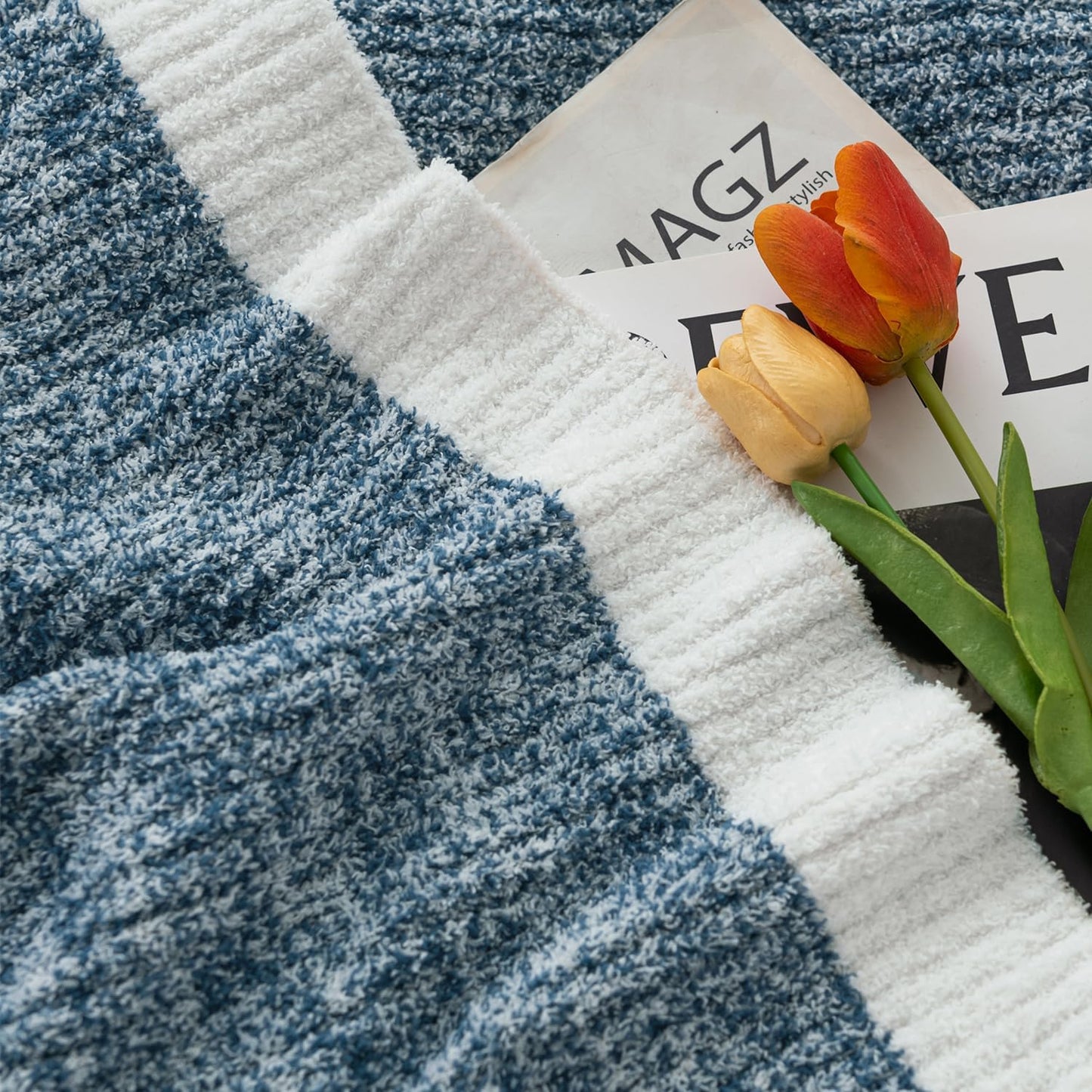 MH MYLUNE HOME Ultra Soft Ribbed Throw Blanket for Couch 60x80 Inches Luxurious Super Cozy Fluffy Microfiber Blanket Plush Warm Reversible Throw Blankets for Sofa Bed - Blue 60 x 80 Inches
