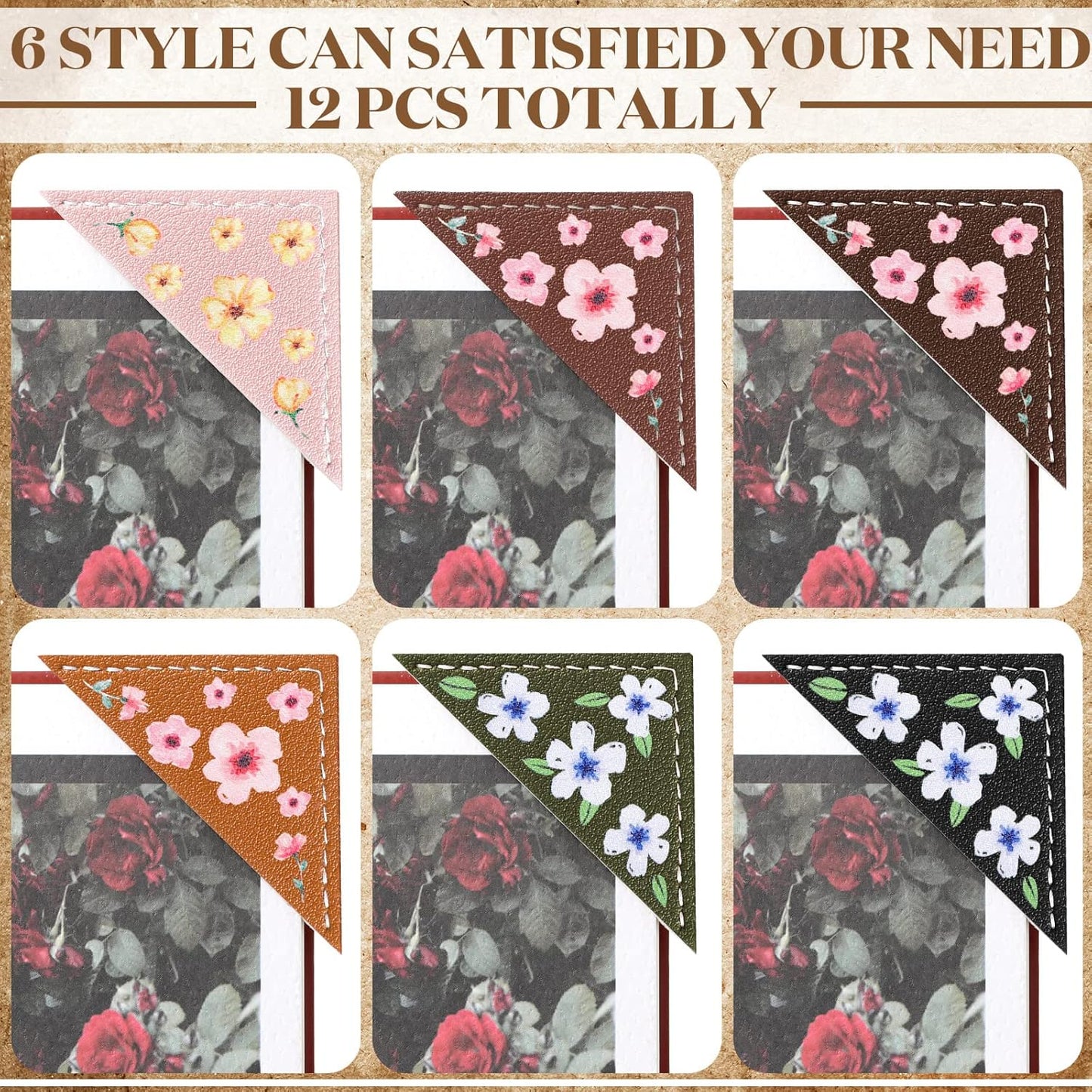 12 Leather Corner Bookmark Book Club Gifts for Women Accessories for Reading Books Lover Cute Book Reading Gifts Lovers Floral Print Triangle Bookmark(Flower)
