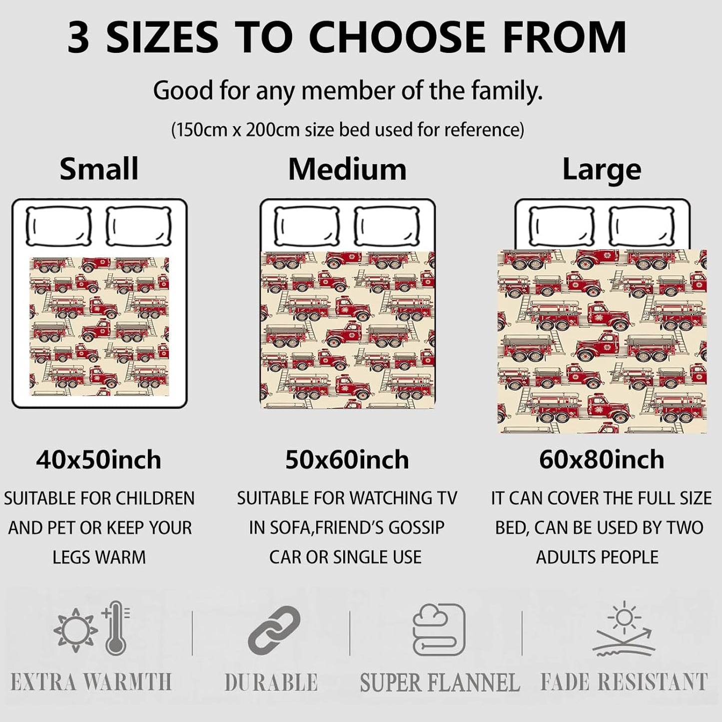 Vintage Fire Truck Throw Blanket Gifts for Women, Soft Fuzzy Warm Cozy Flannel Blankets for Bedroom, Travel, Couch, Home Decor 50x60 in