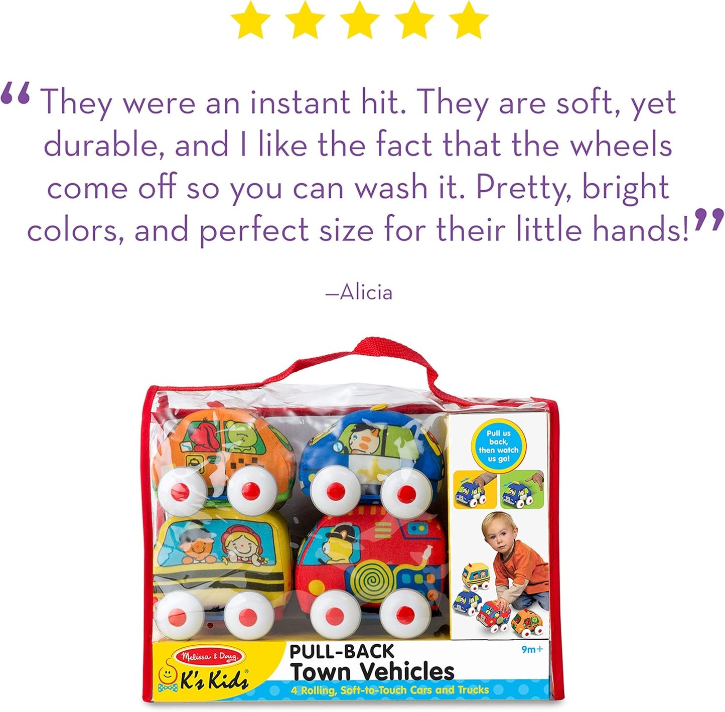 Melissa & Doug K's Kids Pull-Back Town Vehicle Set - Baby Toys Set with 4 Soft Toy Cars and Trucks, Surface Washable with Removable Wheels, Learning Toys for Babies and Toddlers