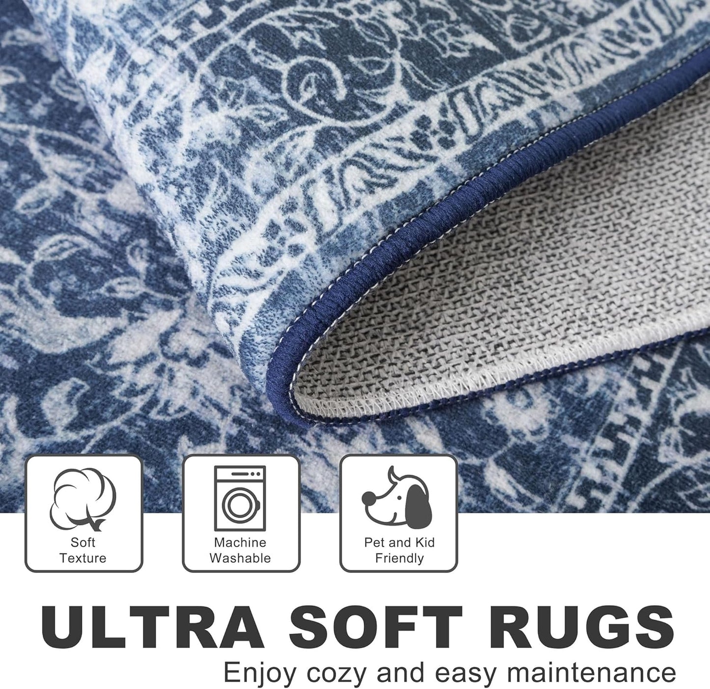 KILOCOCO Area Rug 5x7 Living Room Rug Washable Printed Vintage Floral Non Slip Soft Rubber Backed Indoor Bedroom Rugs for Laundry Room Kitchen Playroom Moroccan Area Rugs, Blue