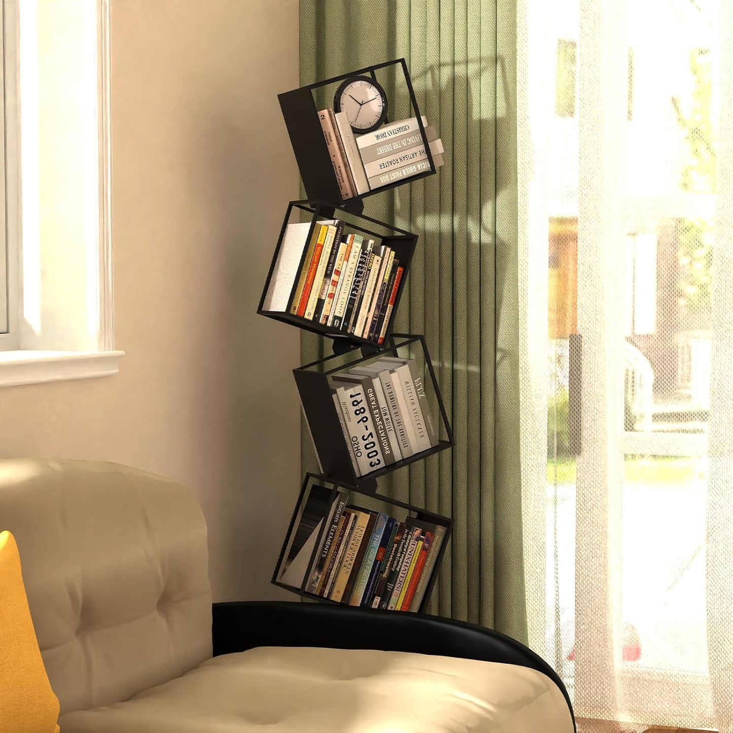 5-Tier Metal Geometric Bookshelf – Modern Narrow Floor Bookcase, Space-Saving Organizer for Living Room, Bedroom, Office, Corner – Black