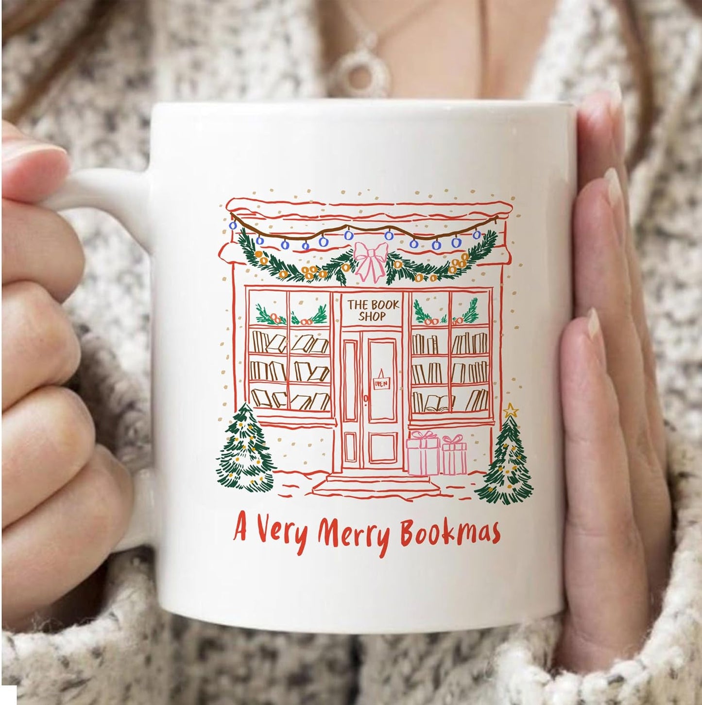 A Very Merry Bookmas Christmas Book Lover Coffee Mugs, Xmas White Ceramic Cups, Holiday Gifts, 11oz 15oz
