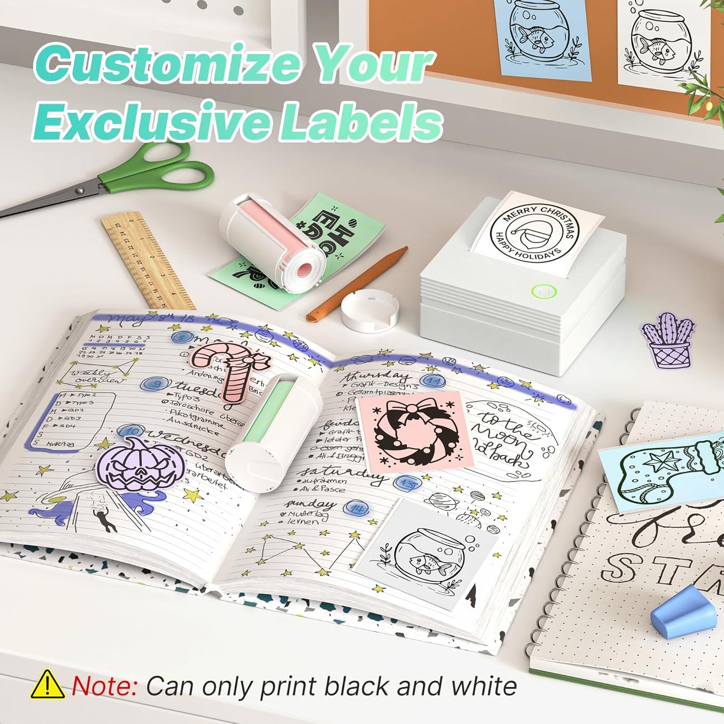 Sticker Printer, PM290 Mini Printer, Bluetooth Sticker Maker Machine with 3 Rolls Paper, Smart AI APP, Portable Print Pod for Study Note, List, Picture, DIY Gifts for School Office Home, White