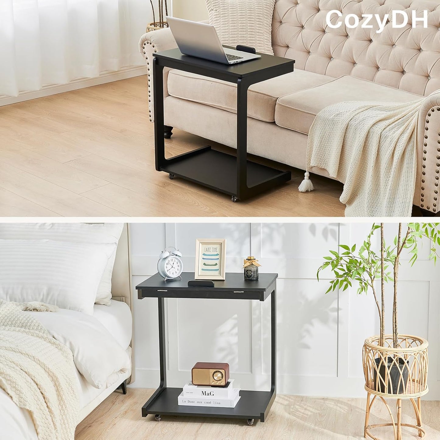 Black Side Table - C Shaped End Table for Couch, Wooden Small Black End Table for Living Room, Couch Tables That Slide Under Sofa, Rolling Side Table with Wheels for Bedroom, Sofa Tray for Laptop