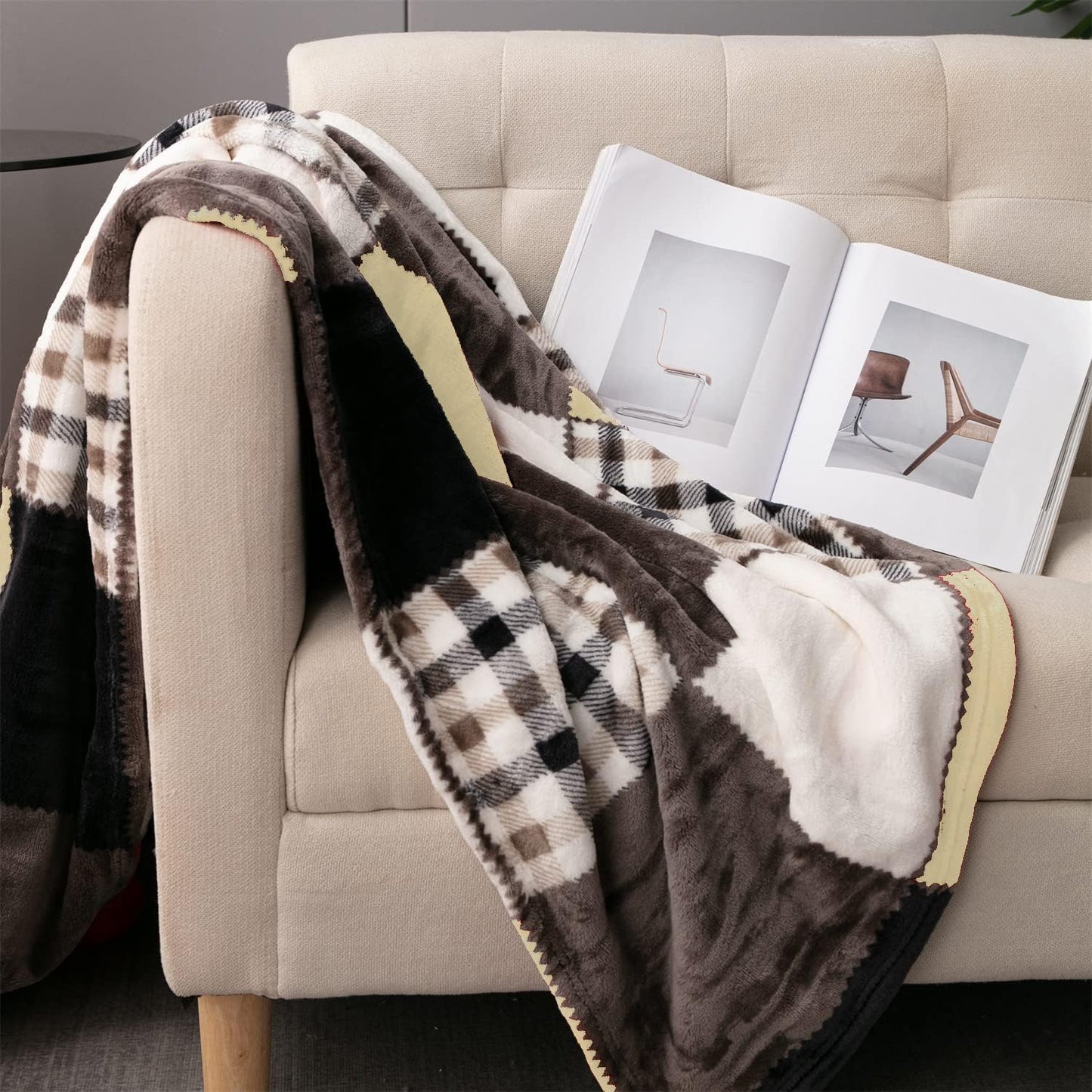 Tache Buttermilk Yellow Brown Farmhouse Super Soft Micro Fleece Plaid Patchwork Plush Lightweight Dual-Sided Decorative Couch, Sofa, Travel, Lap, Bed Easter Throw Blanket, 50x60