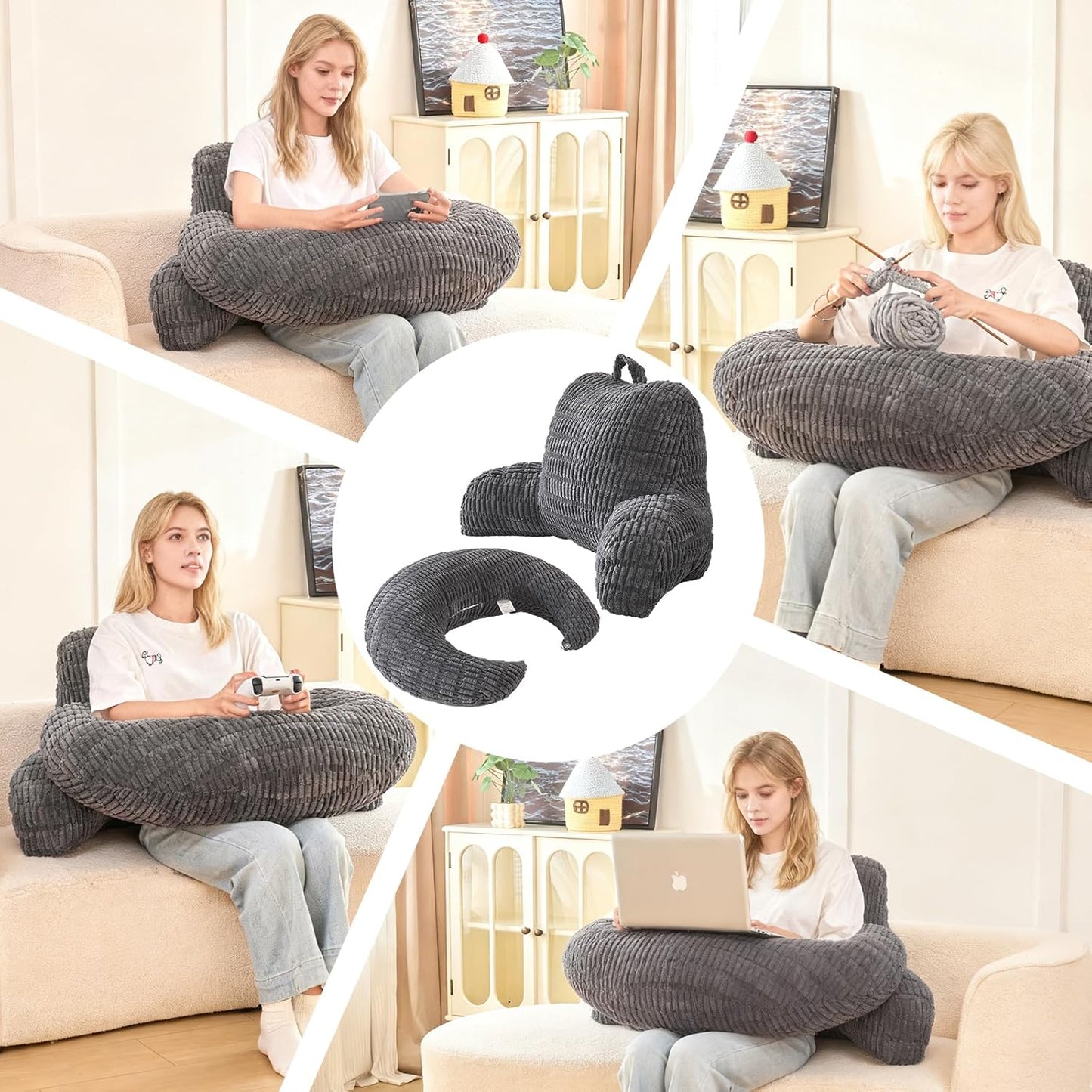 Back Pillow for Bed Sitting Up,U Shaped & Back Support Pillow for Bed,19" Backrest with Lumbar&Arm Support,Comfy Corduroy Fabric,Lap Pillow for Gaming/Reading/Watching TV,Grey