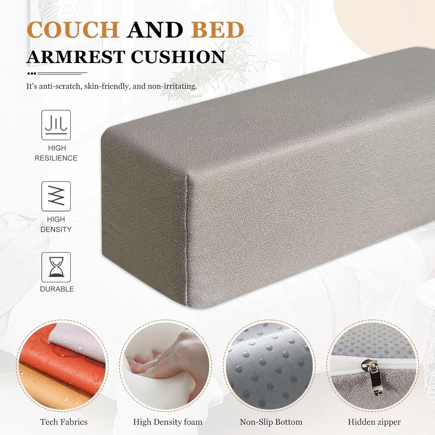 2 Pack Couch Arm Rest Pillow, Leatharie Waterproof Cover, High Density Foam Armrest Cushion, Headboard Cushion Elbow Support for Sofa Bed and Armchair,Orange,8x8x20in