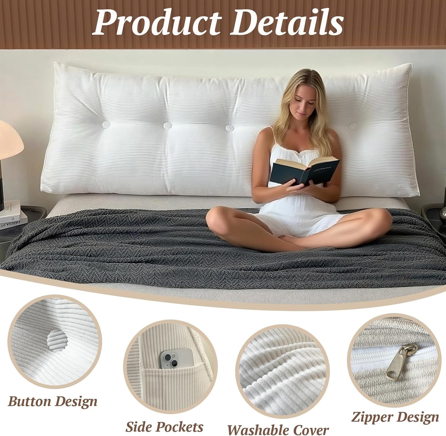 Djft Wedge Headboard Pillow, Bed Backrest Reading Cushion with Removable Cover, Large Sitting Support Pillow with Side Pockets (White, King 76in)