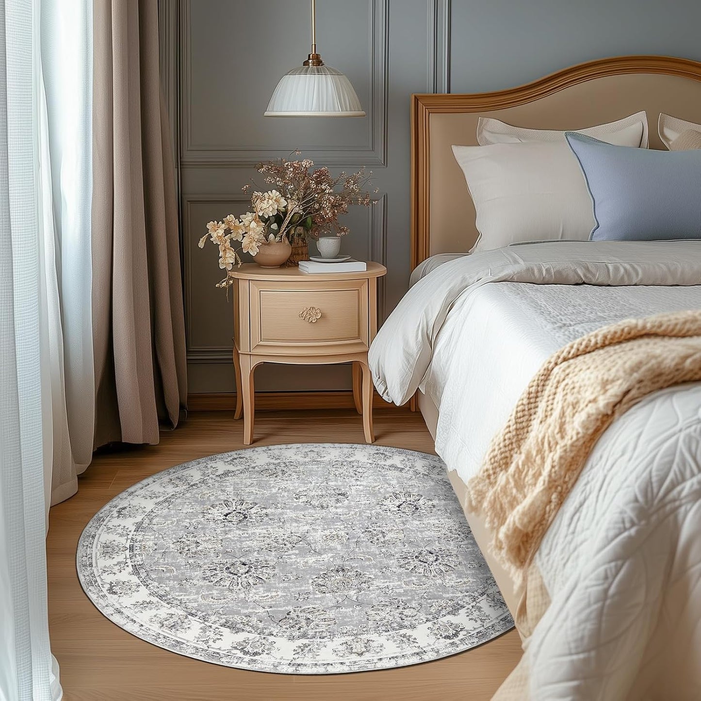jinchan Fiora Round Rug 4ft Area Rugs Vintage Floral Distressed Design - Machine Washable Non-Slip Low-Pile Ultra-Thin Circle Rug for Entryway Bedside Living Room Dining Room Bedroom (4' Round, Grey)
