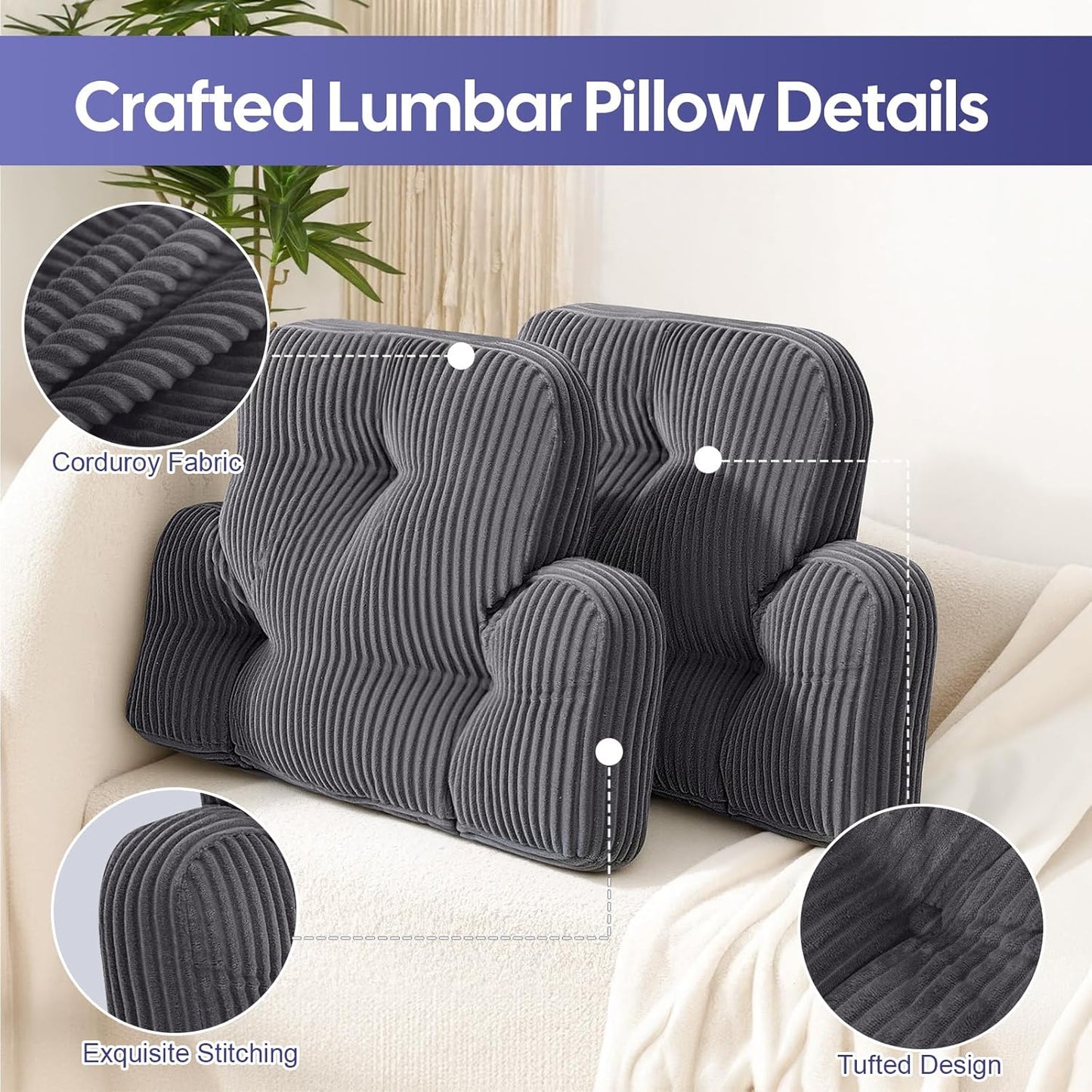 Lumbar Support Pillow for Recliner, Large Back Support Pillow for Office Chair, Tufted Corduroy Back Cushion for Elderly, Lower Back Pain Relief, Ideal for Sofa & Couch, Dark Grey