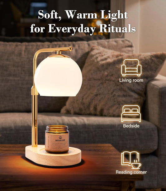 White Glass Candle Warmer Lamp Adjustable Height Dimmer 2 4 8 Hour Timer Natural Wood Base Wax Melter Includes Scented Candle and 2 Bulbs for Bedroom Living Room Modern Minimalist Decor