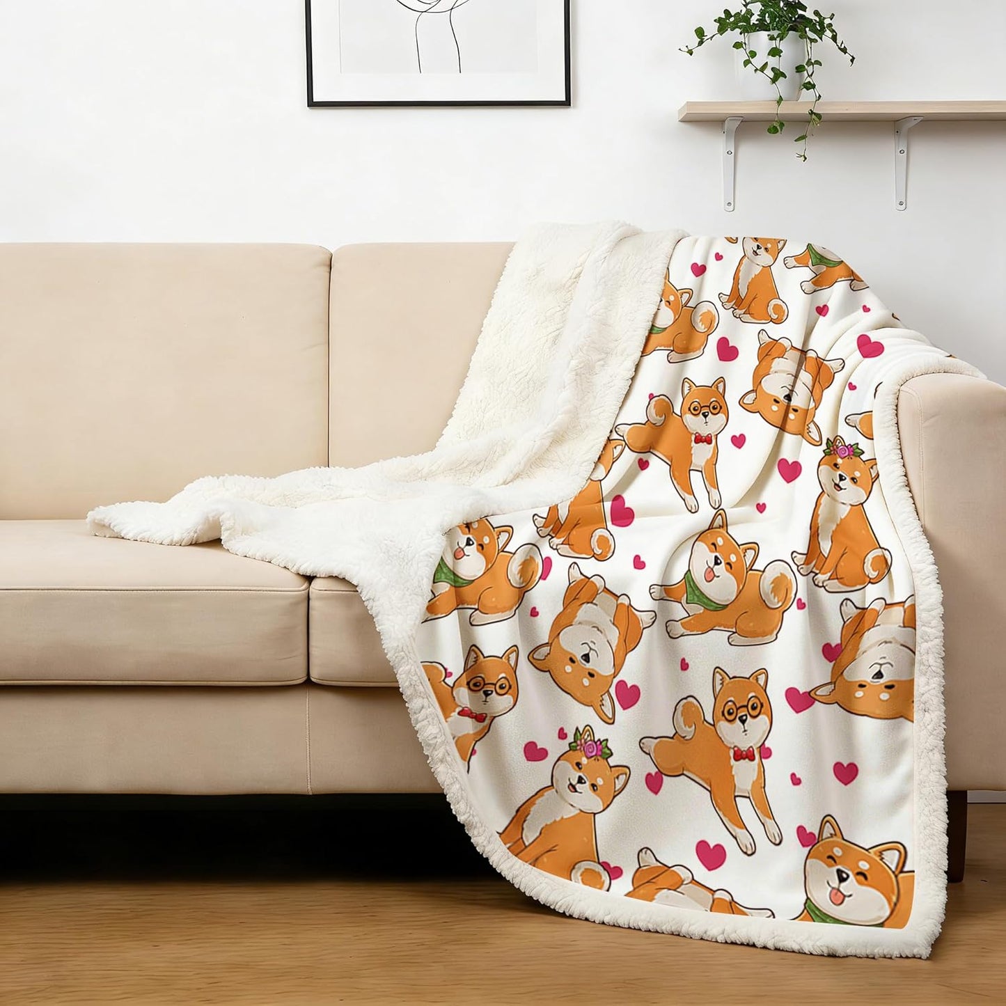 BlessLiving Shiba Blanket Cute Dog Heart Print Fleece Blanket Watercolor Pet Sherpa Blanket Throw Kids Girls Kawaii Shiba Inu Throw Blanket for Dog Lover Gift Home Decor (50 X 60 Inches)
