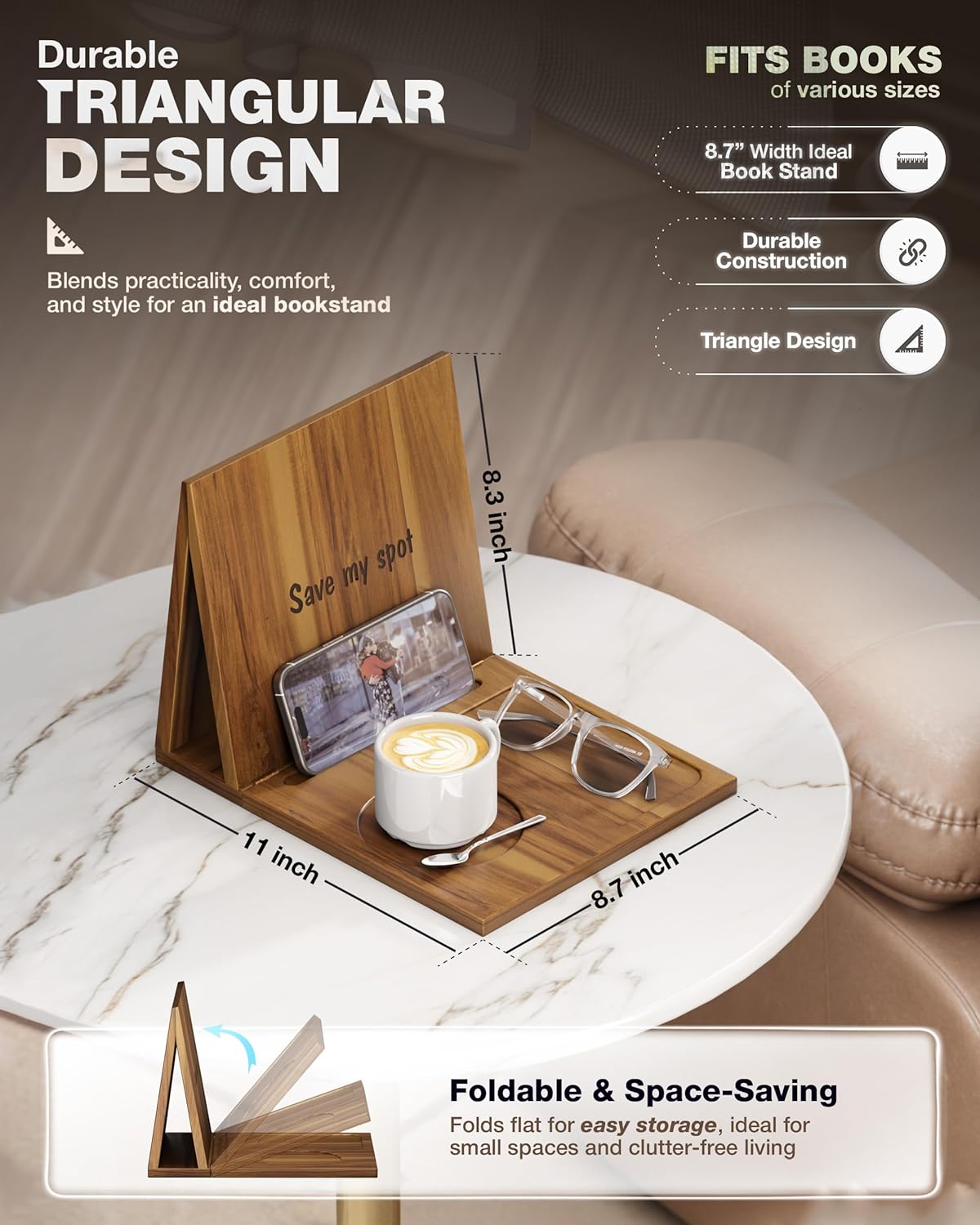 Triangle Book Holder, Book Rest, Acacia Foldable Book Nook Reading Valet, Triangle Book Stand with Cup, Pen, Glasses and Phone Holder for Bedroom, Nightstand or Office, Gifts for Book Lover