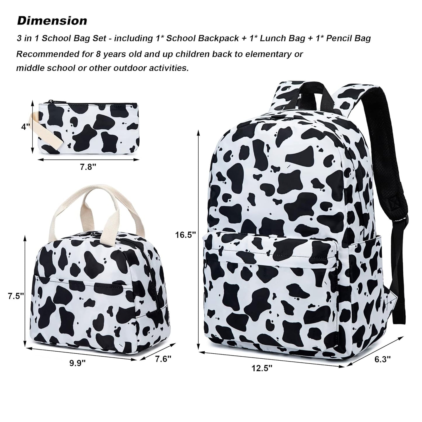 Cow Print Girls School Backpack for Kids Teens, Elementary Middle School Backpacks Bookbag Set with Lunch Bag Pencil Case