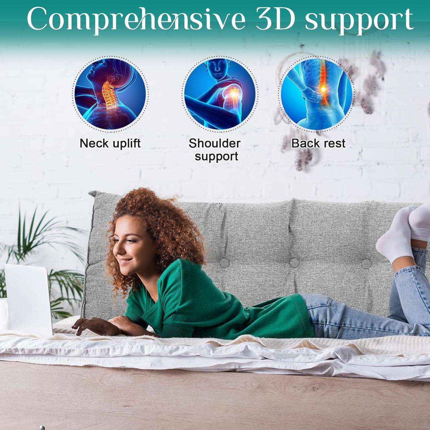 Wenqik Wedge Pillow Queen Triangular Headboard Bed Reading Backrest Back Support Long Pillow with Removable Cover for Dorm Room Supplies Housewarming Gift(Gray)