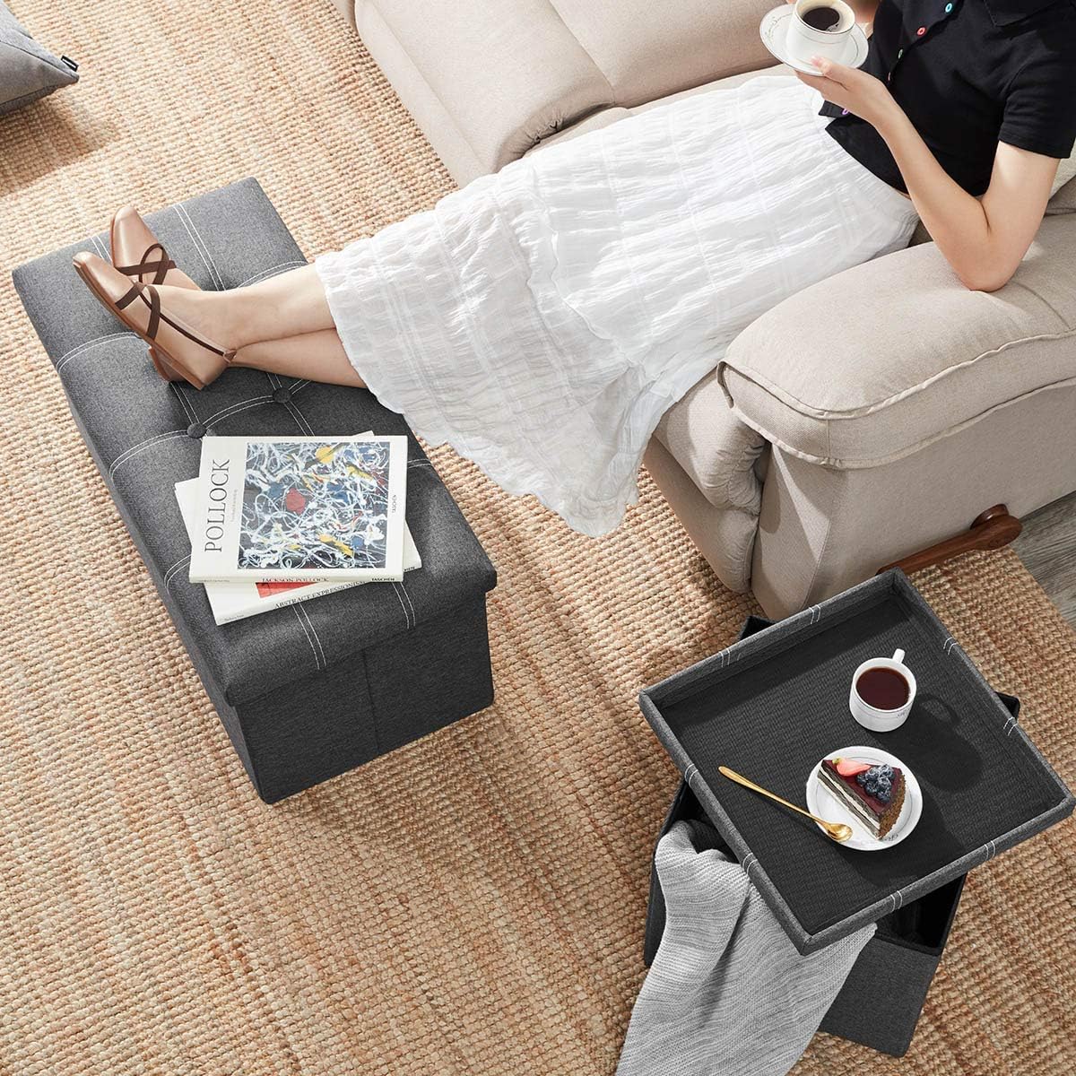 YOUDENOVA 30 inches Folding Ottoman, Ottoman with Storage Footrest Seat Support 350lbs, Storage Bench for Living Room Bedroom, Linen Fabric Grey