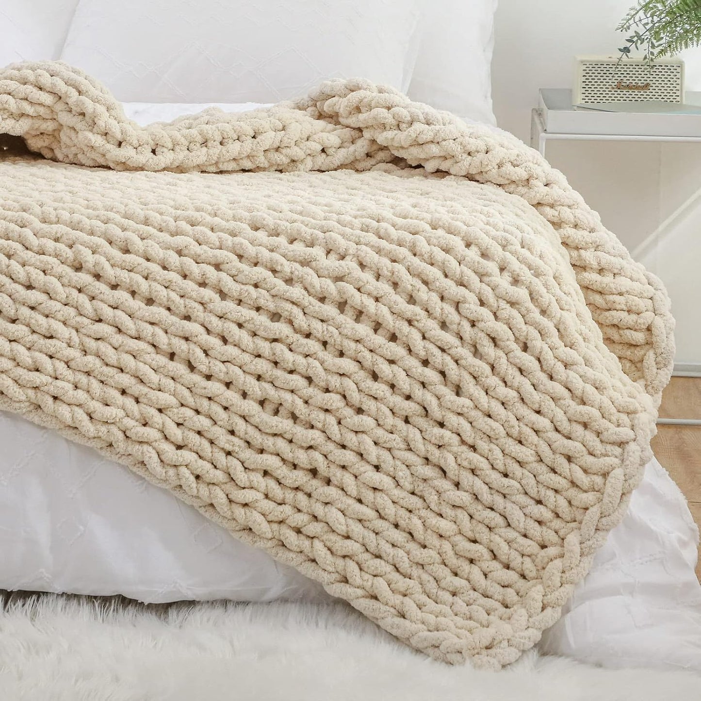YAAPSU Chunky Knit Throw Blanket for Couch, 51"x63", 100% Hand Knitted Thick Cable Knit with Cozy Jumbo Chenille Yarn, Soft Large Rope Knot Crochet Blankets for Sofa Bed Living Room Décor, Beige