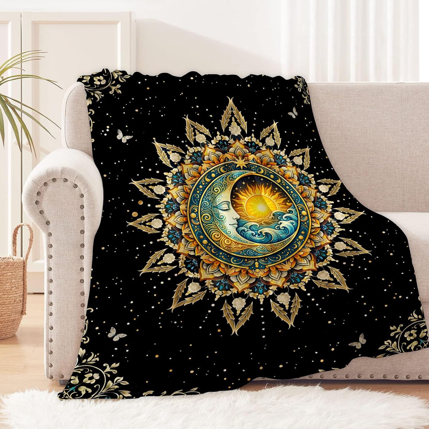 Boho Moon and Sun Blanket for Spiritual Lovers, Mandala Flannel Blankets, Mystical Aesthetic Gifts, Soft Warm Cozy Throws for Sofa Couch Bed Living Room Bedroom Home Decor 60" x 50"