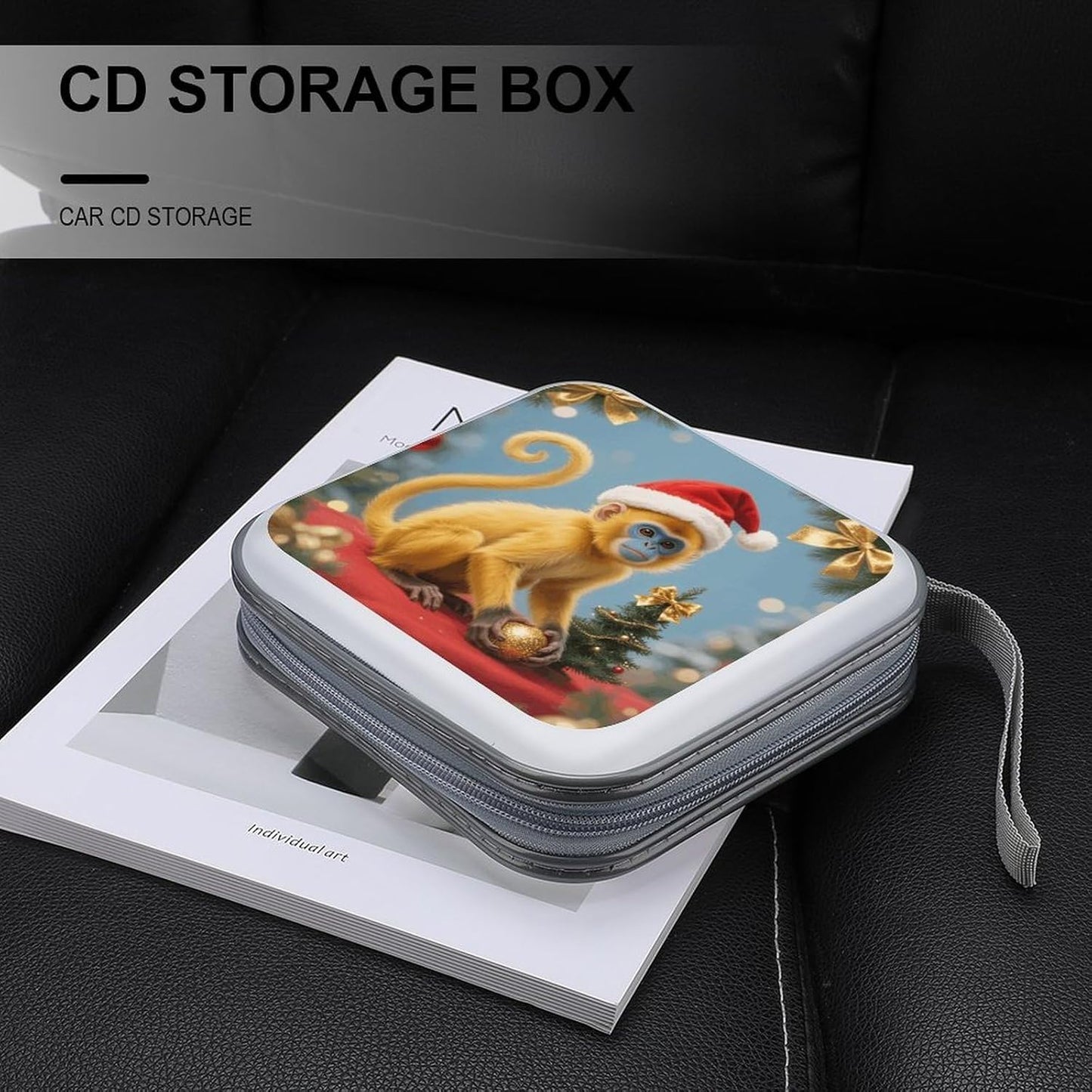 Christmas Monkey CD Case Portable Zipper CD Case 40 Capacity Hard Plastic DVD Cases Holder Large Storage Disc Wallet Bag for Car Home Travel DVD Collection Bag