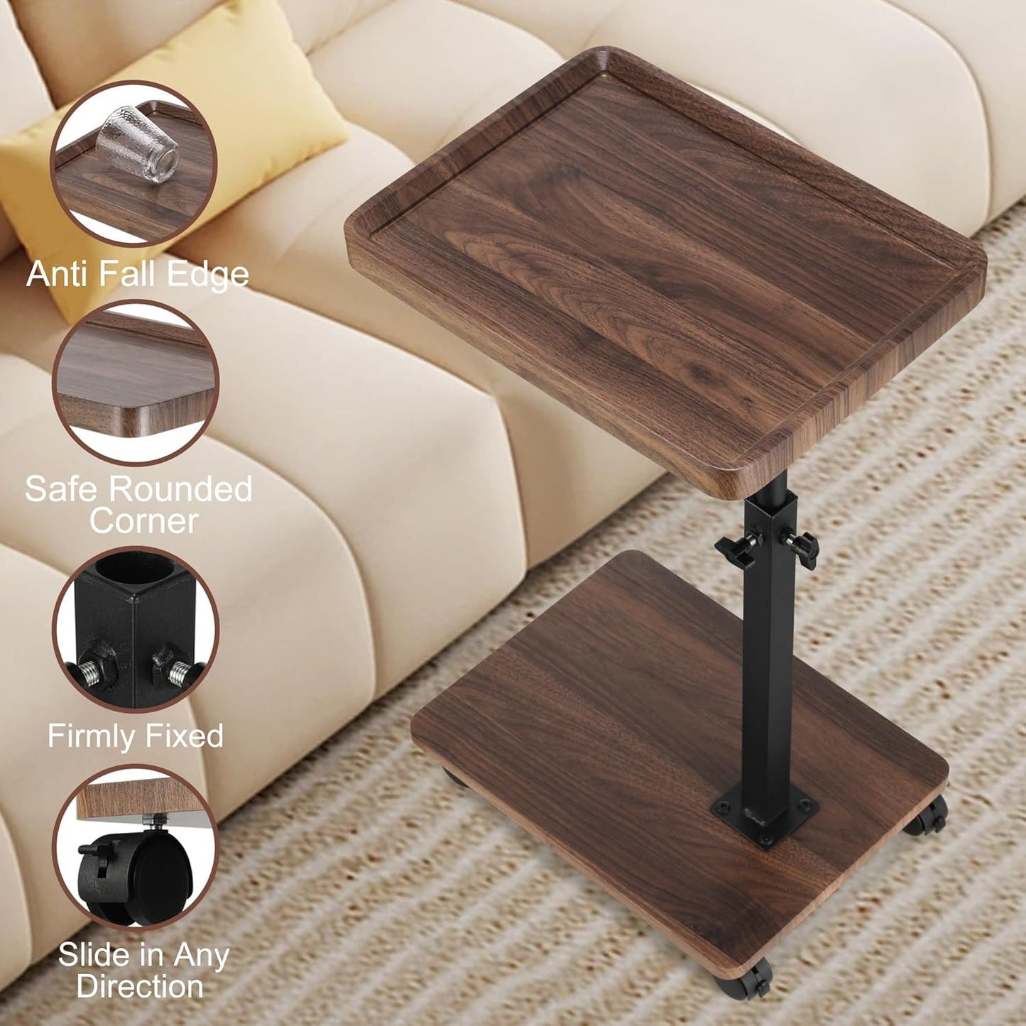C Shaped End Table for Couch, Adjustable C Shaped Side Table with Wheels, Anti Fall Measures TV Trays Table for Eating, Sofa, Bedroom, Living Room