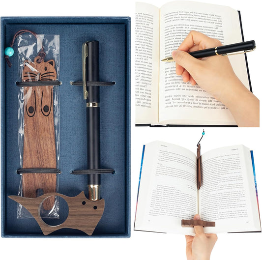 3 Pack Wooden Cat Book Page Holder Set for Book Lovers, Portable Thumb Bookmark Reading Accessories with Pen, Cute Bookworm Gift for Women for Home and Office
