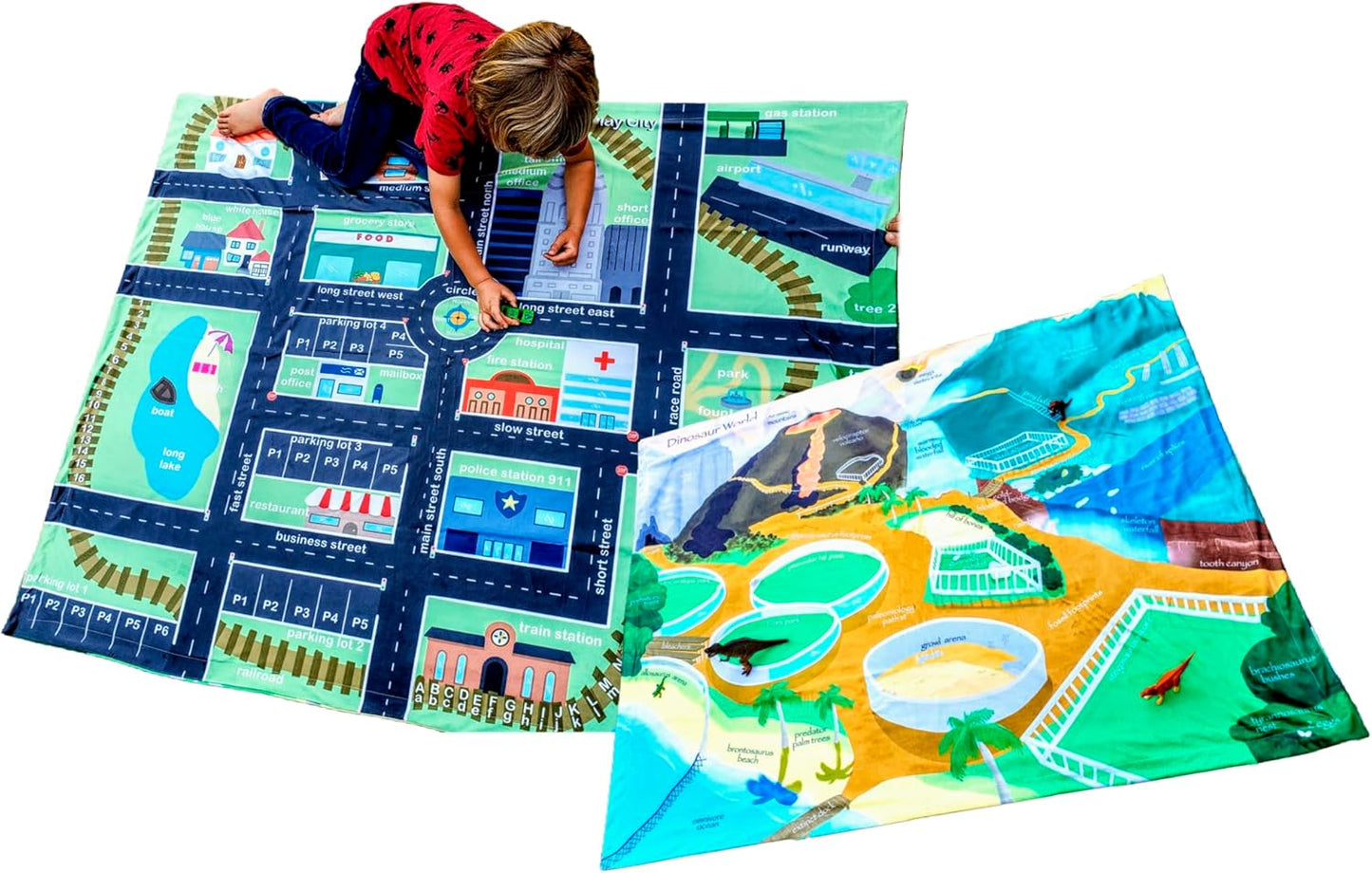 Birdy Boutique – Learning Blanket® – Double-Sided Dinosaur & Vehicle City Theme – 50" x 60" Soft Minky Educational Blanket for Kids – Playmat Throw for Preschool, Toddler, Daycare, Bedroom or Travel