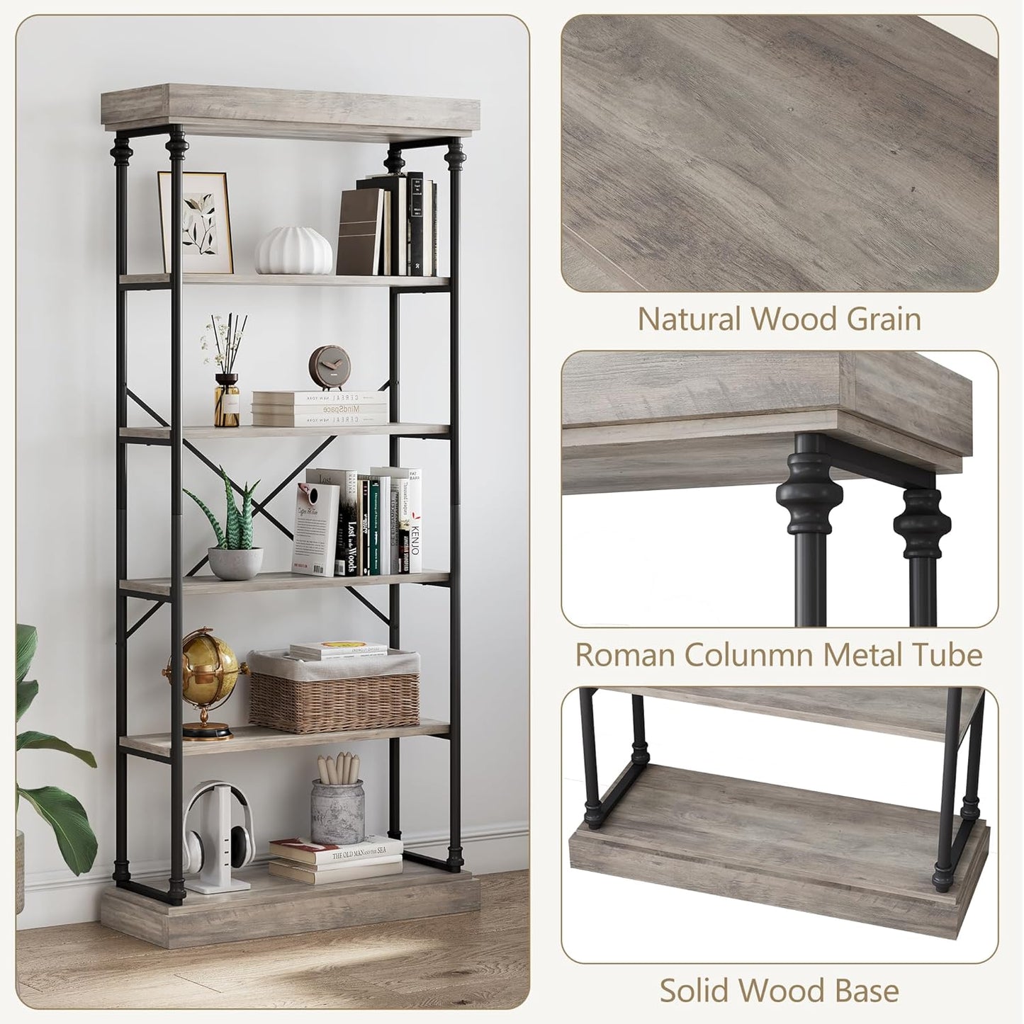 IDEALHOUSE Industrial Bookshelf Wood Bookcase 6 Tier Storage Open Rack Shelf with Metal Frame Rustic Tall Standing Bookshelves Large Grey Display Rack for Bedroom,Living Room and Home Office
