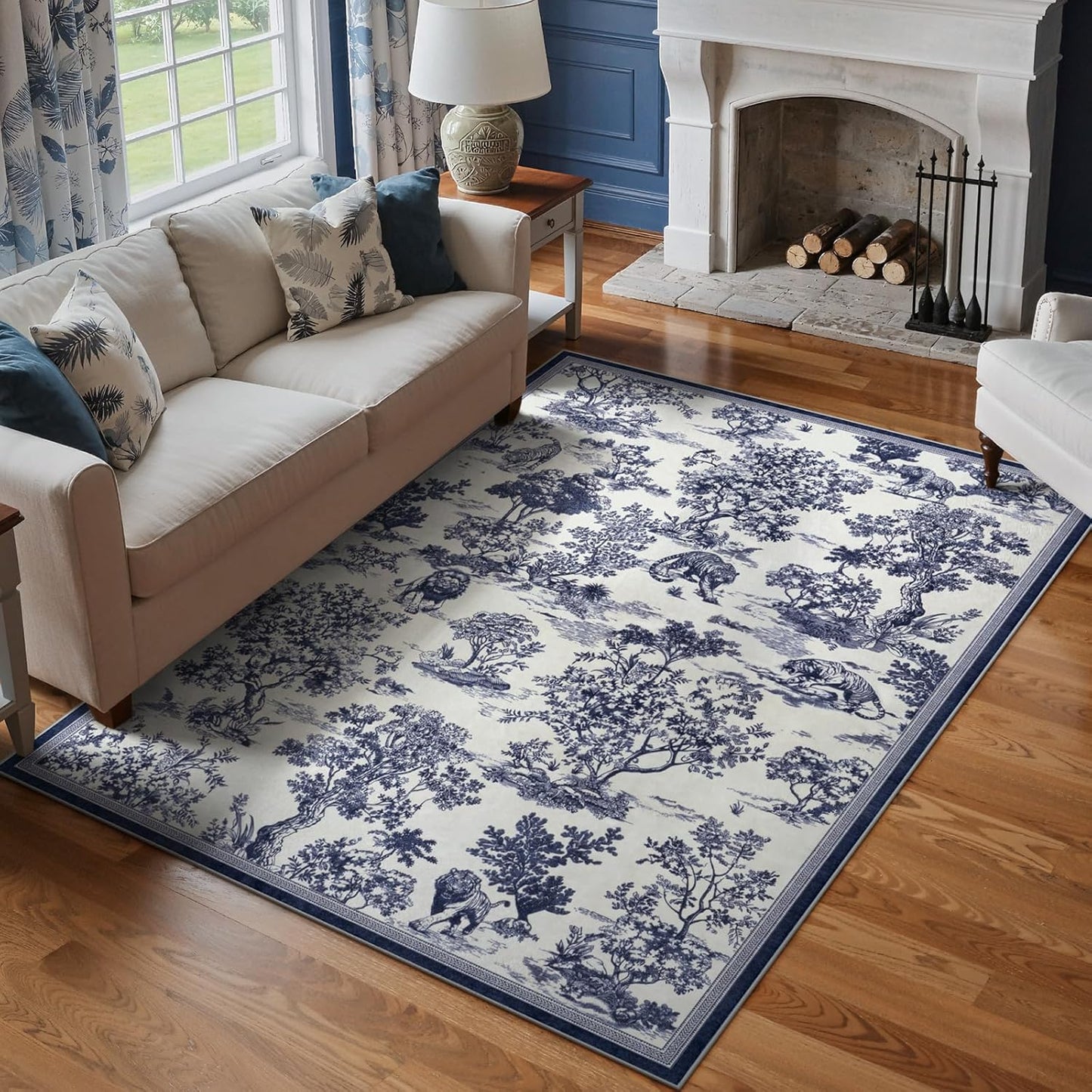 LIVEBOX 5x7 Area Rugs Toile Delft Blue Rug for Living Room, Washable Rug for Bedroom Dining Room Nursery Room, Soft Low Pile Non Slip, Vintage Animal Jungle Unique Classic Print Carpet Home Décor