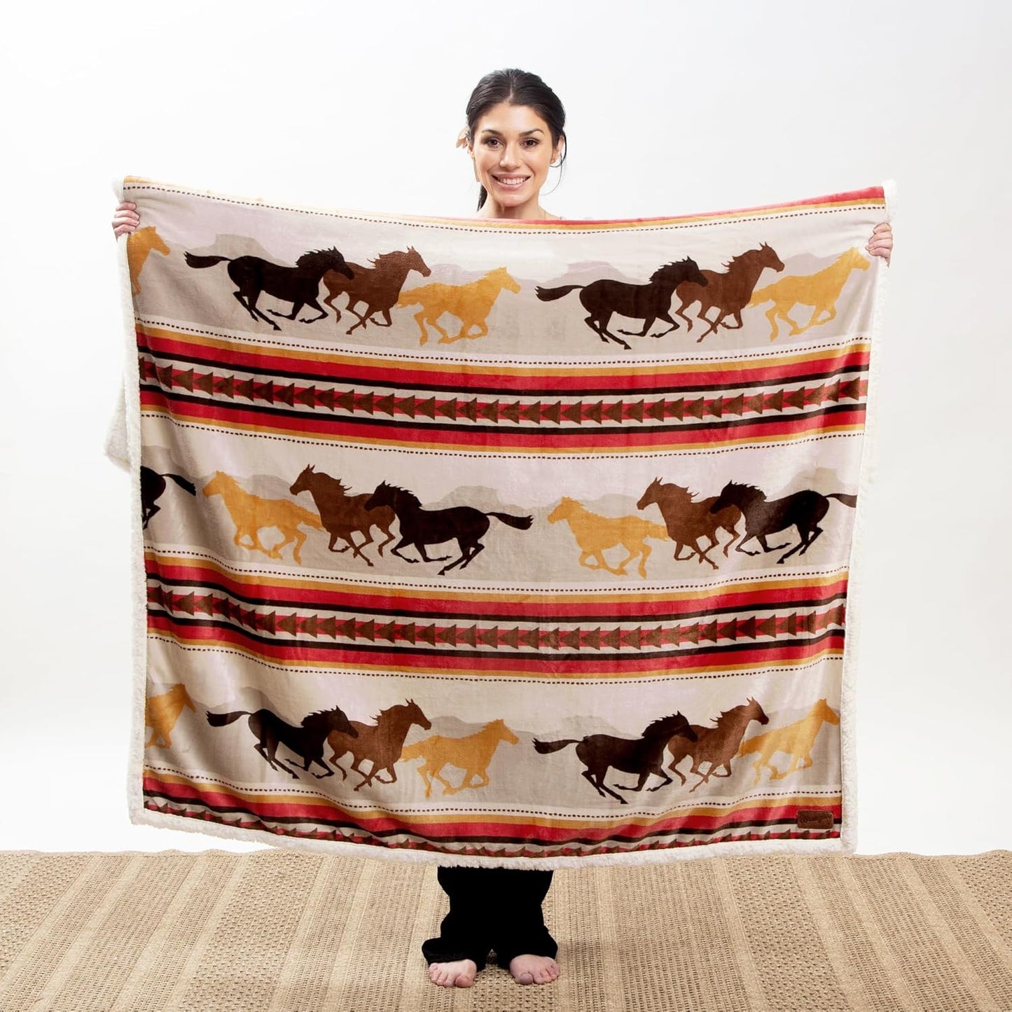 CARSTENS, INC. Wrangler Ultra Premium Super Soft Plush Sherpa Fleece Oversized Throw Blanket 54" x 68", Running Horses