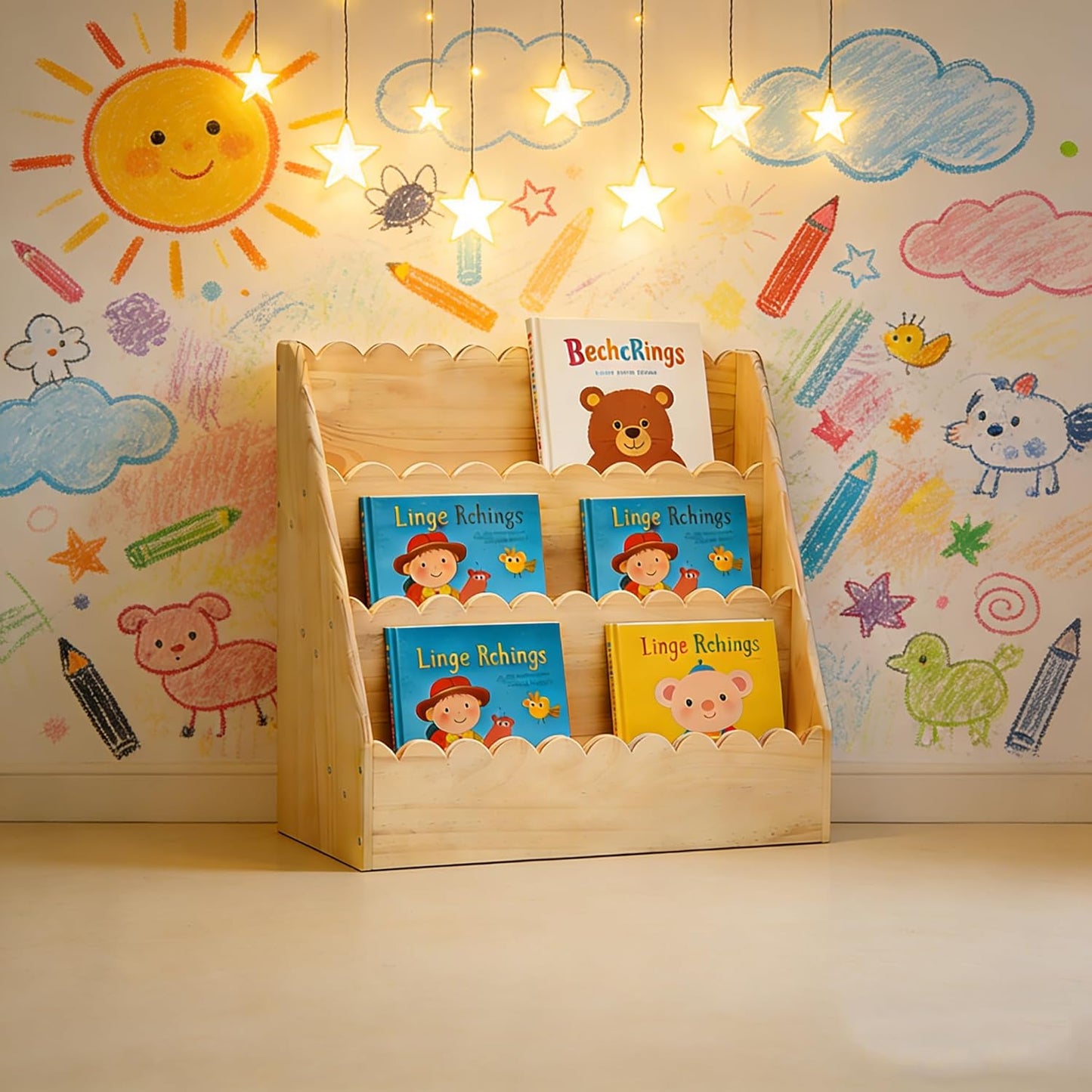 3-Tier Wooden Kids Bookshelf with Deep Storage Pockets | Montessori Bookcase for Toddlers,Nursery&Bedroom | Kids Book Storage & Toy Organizer for Children's Room (Large)