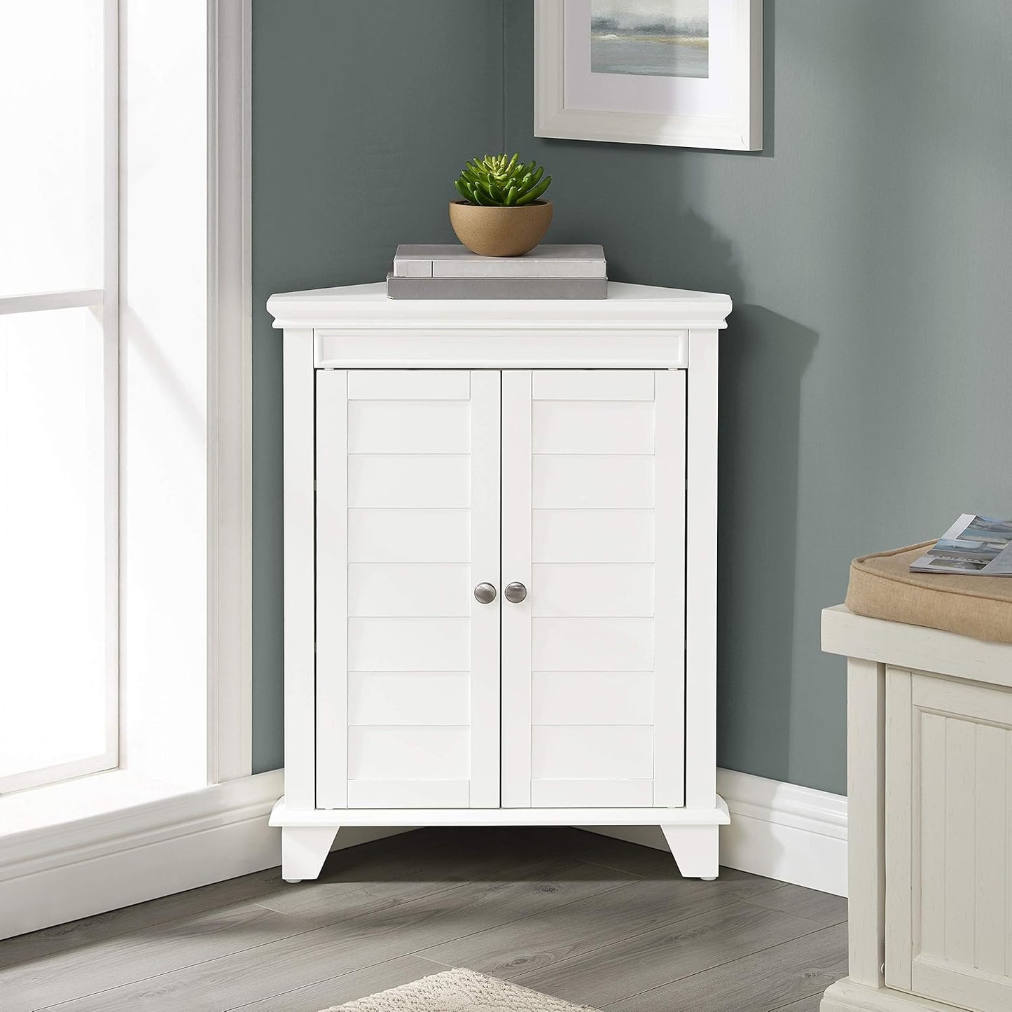 Crosley Furniture Lydia Corner Storage Cabinet and Bathroom Organizer with Shelves, White