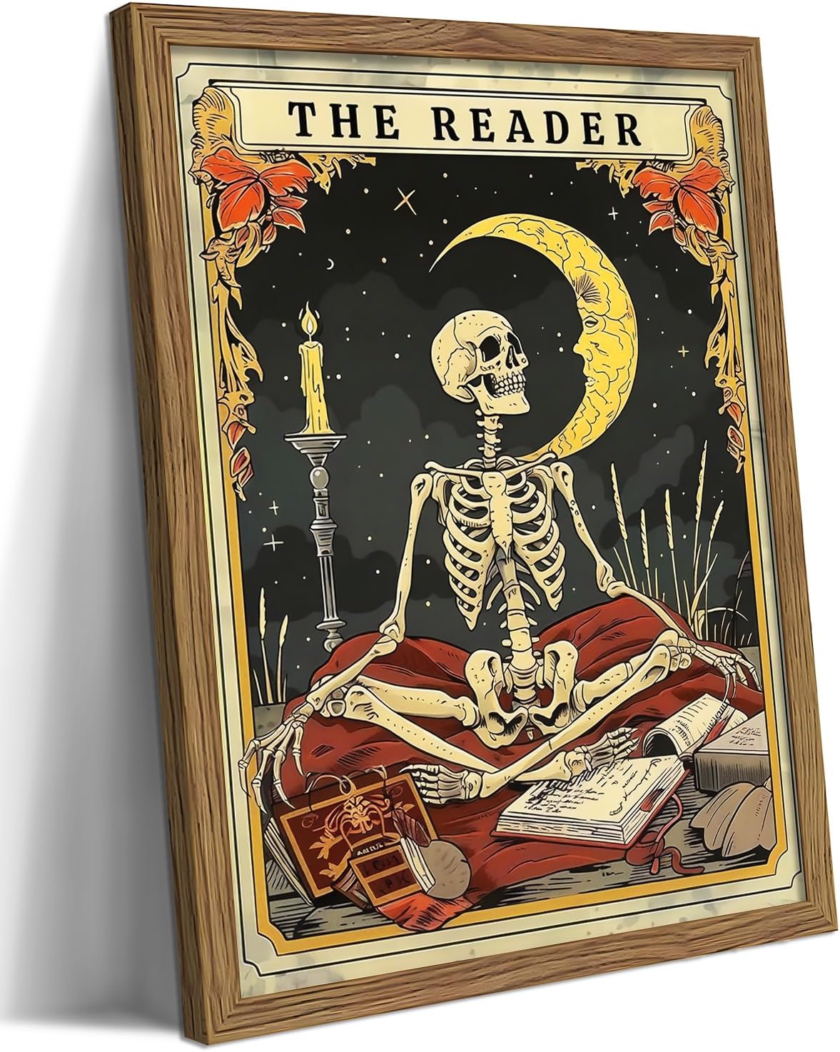 Framed The Reader Tarot Canvas Wall Art, Skeleton Reader Tarot Card Pictures Wall Decor, Bookish Witchy Library Poster Print Artwork for Witchy Reading Nook Book Lover Gift 12x16 inch