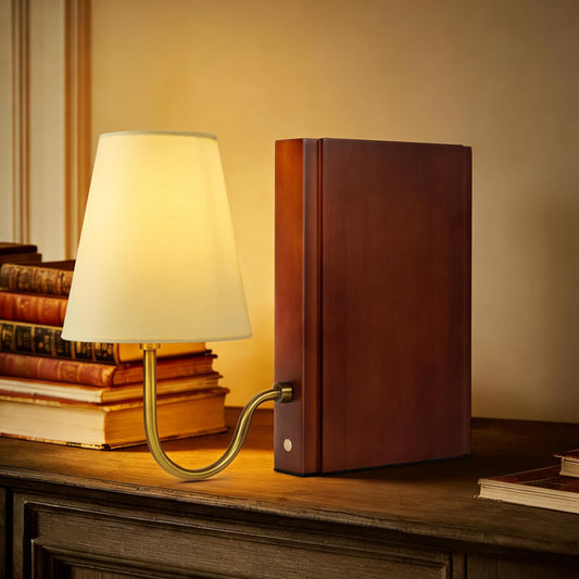 AELS Wooden Bookshelf Lamp with Bulb, Table Lamp with Linen Shade, 3-Color Dimmable Touch Control, Modern Decorative Bookend, Book Sconce for Office Home Bedroom Bookshelf, Dark Brown