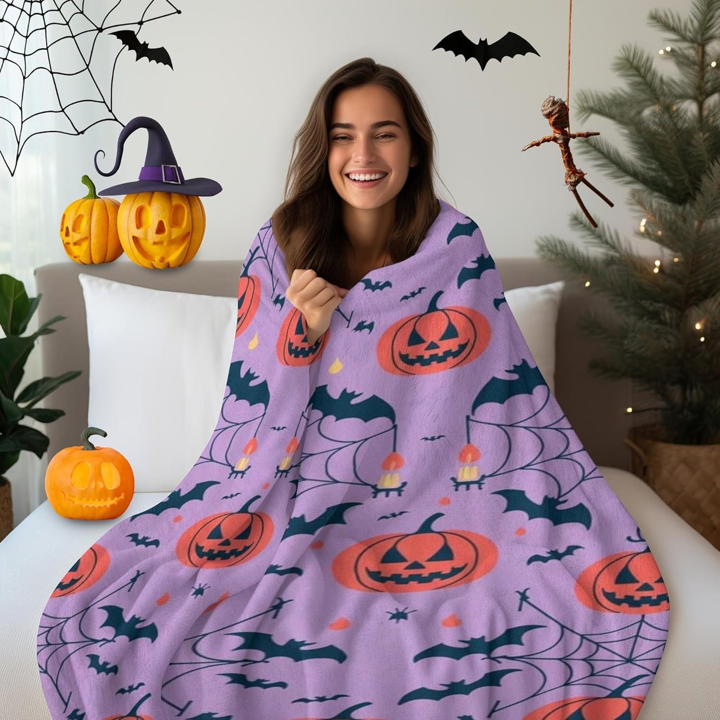 D-Story Halloween Fleece Throw Blanket Fall Pumpkin Blanket for Couch Sofa Bed Room Thanksgiving Gifts for Kids Adults 50" x 60" Purple