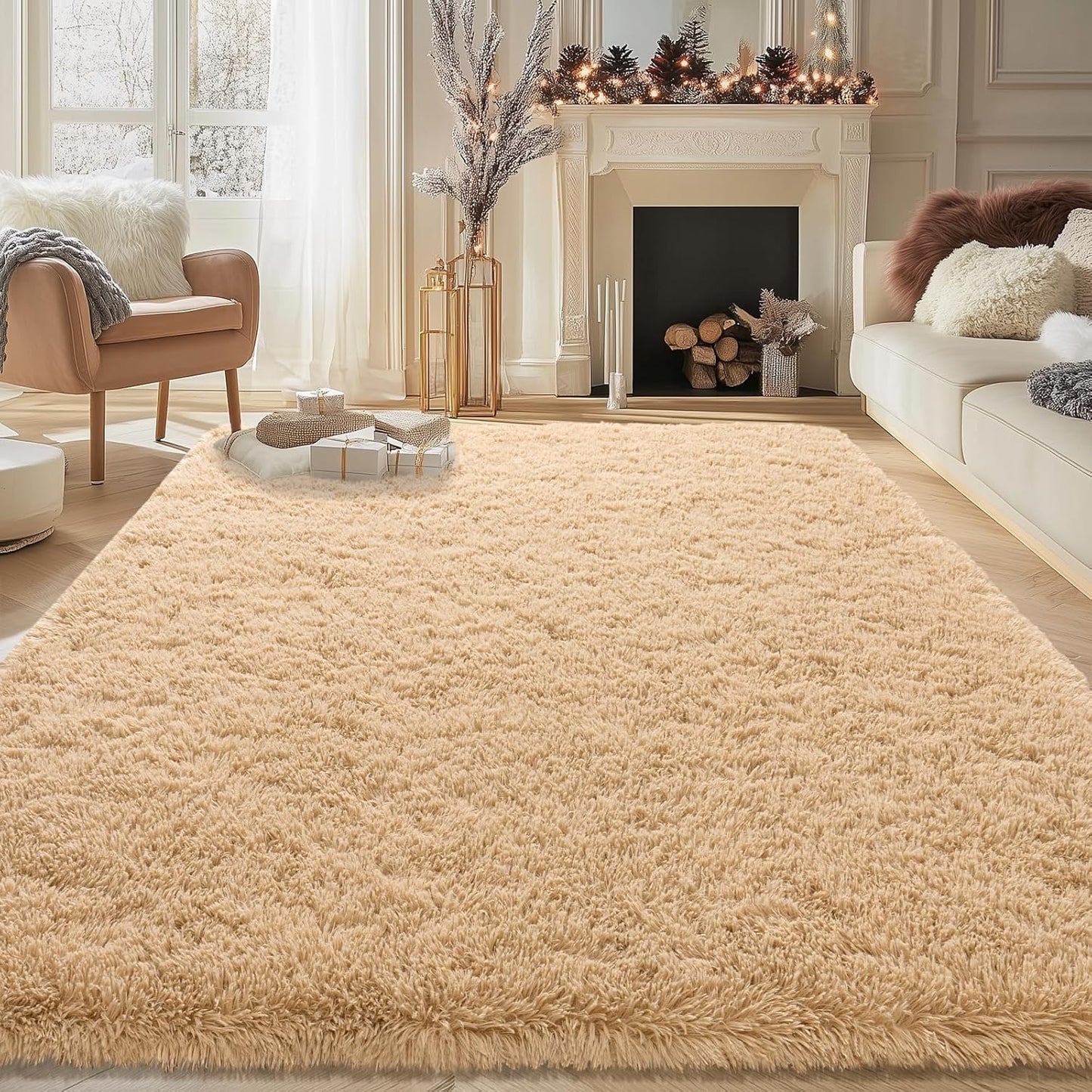 Shaggy Rugs for Bedroom Living Room, Beige Fluffy Fuzzy Shag Area Rug, 4x5.9 Feet Soft Cozy Plush Carpet for Kids Room Dorms Home Decor Aesthetic, Upgrade Non-Slip
