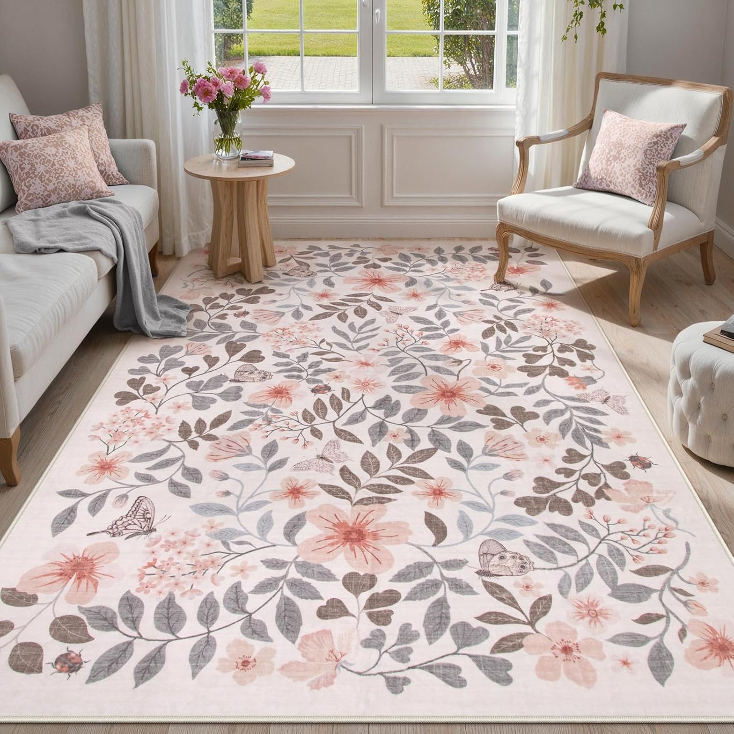 Lahome Reverie Apricot Girls Nursery Decor Rug 5x7, Fall Floral Boho Bedroom Carpet, Washable Soft Low Pile Area Rugs for Kids Room, Dorm Room Essentials, Reading Nook