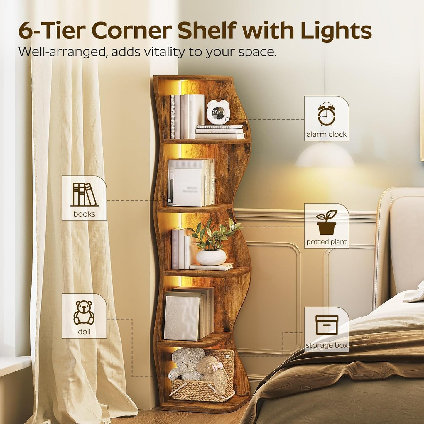 6-Tier Corner Bookshelf with LED Light — 59.3 in Tall, Wooden, Rustic Brown