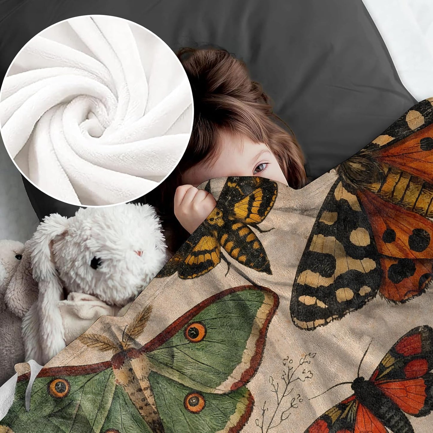 Moth Blanket for Insect Lovers and Vintage Art Fans, Retro Botanical Flannel Blankets, Gothic Nature Gifts, Soft Warm Cozy Throws for Sofa Couch Bed Living Room Bedroom Home Decor 60" x 50"