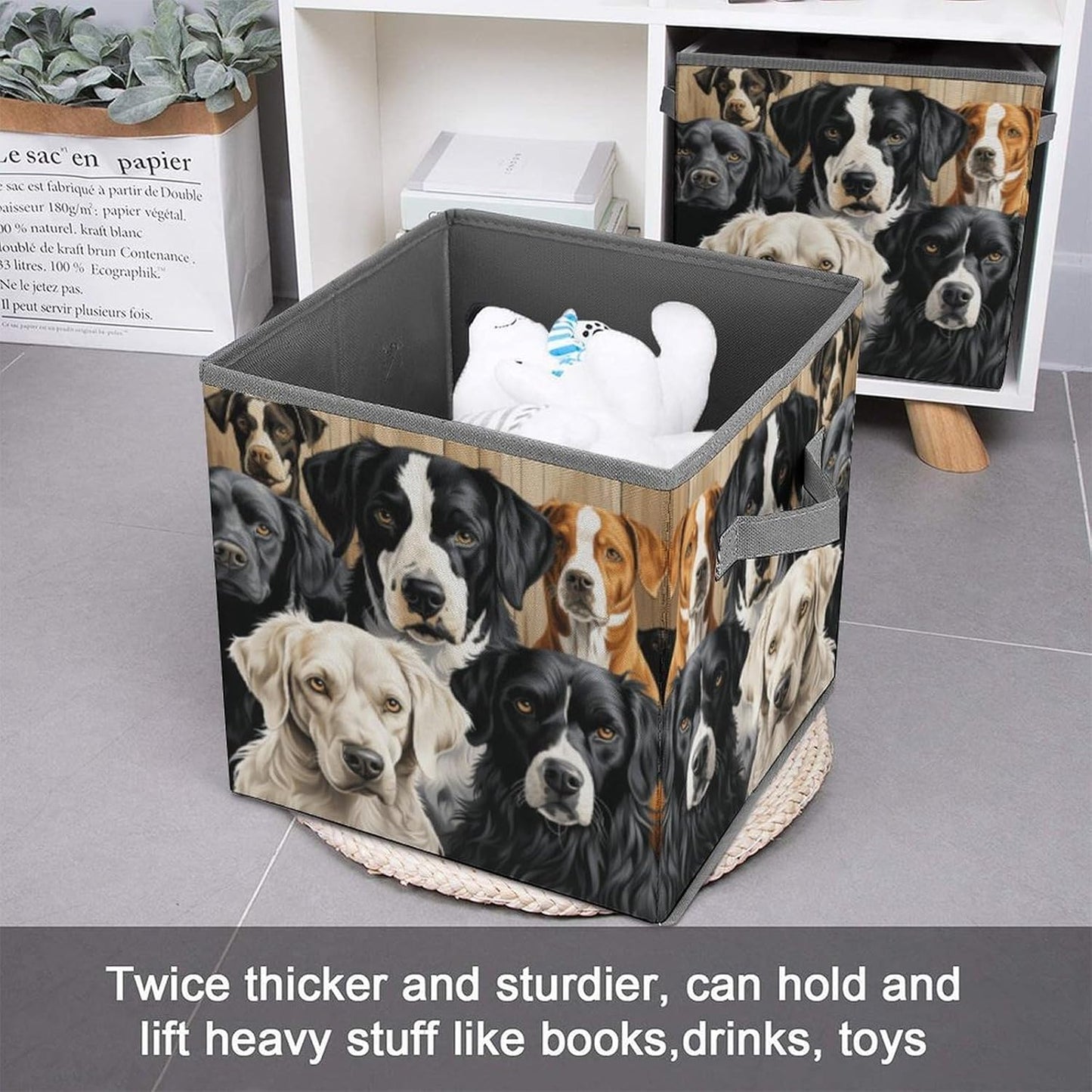 Black And White Dog Storage Bins with Handles Fashion Large Storage Cubes Sturdy Foldable Storage Boxes Space-Saving Storage Baskets for Home Office Clothes Closet Organizers