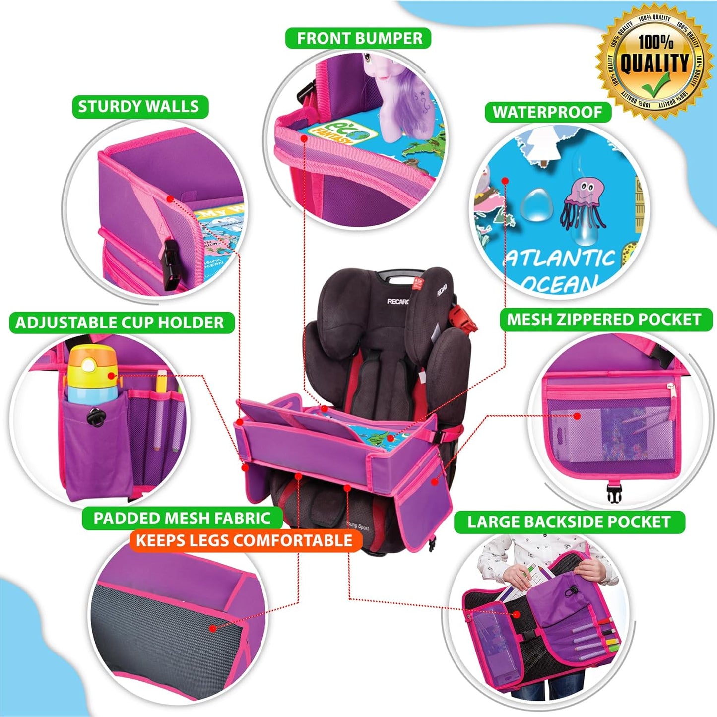 Kids Travel Tray - Waterproof Lap Table with No-Drop Large Tablet Holder - Car Seat Tray - Road Trip Essentials Kids - Car Desk Organizer for Airplane - Toddler Travel Essentials (Pink)