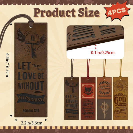 4PCS Leather Bookmark Bible Bookmarks for Reading Women Men Teacher Book Lovers Gifts, Handmade Vintage Religious Christian Bookmark Page Markers Inspirational Bible Verse Scripture Book Marks